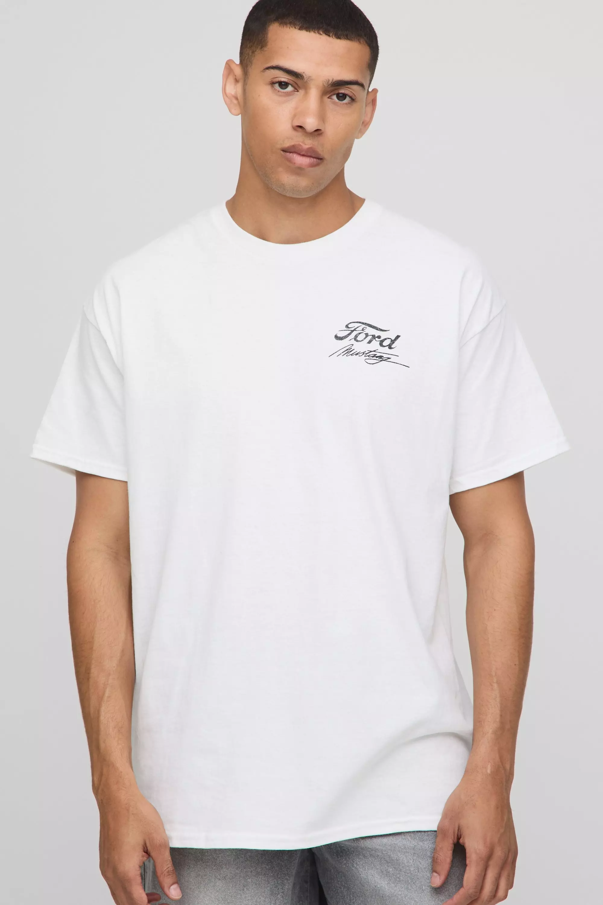 White Oversized Ford Mustang License Printed T-Shirt alternative image