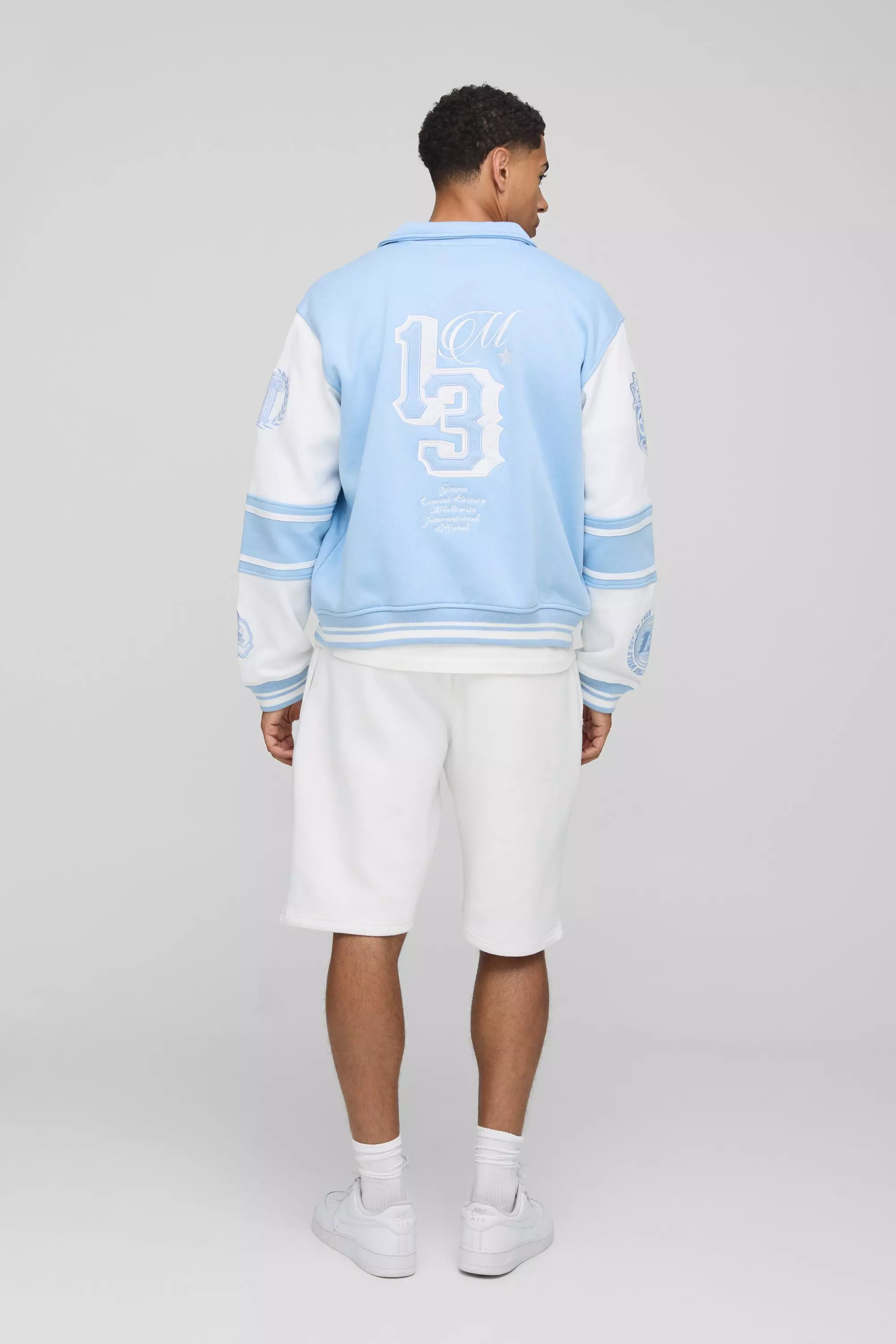 Boxy 13 Applique Jersey Varsity Harrington Jacket | boohooMAN UK