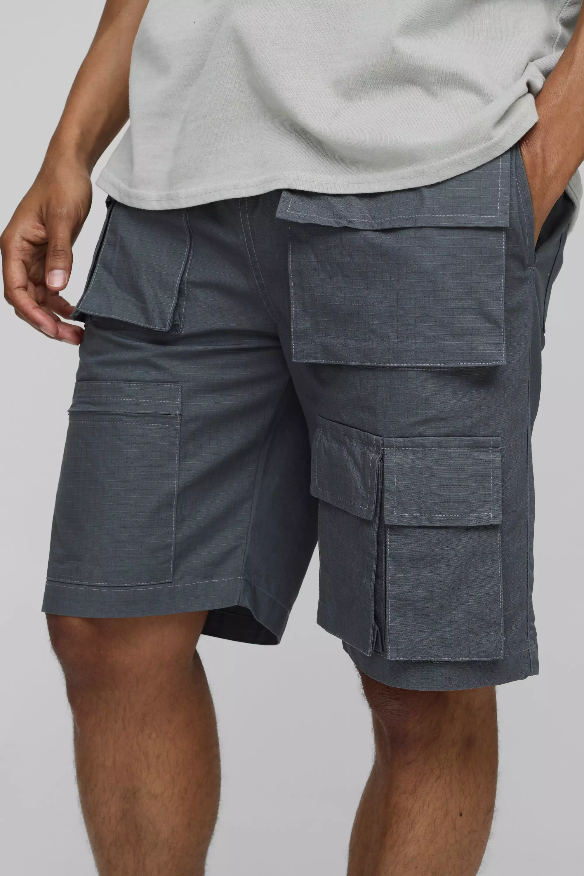 Elasticated Waist Relaxed Fit Ripstop Multi Pocket Cargo Shorts | boohooMAN USA