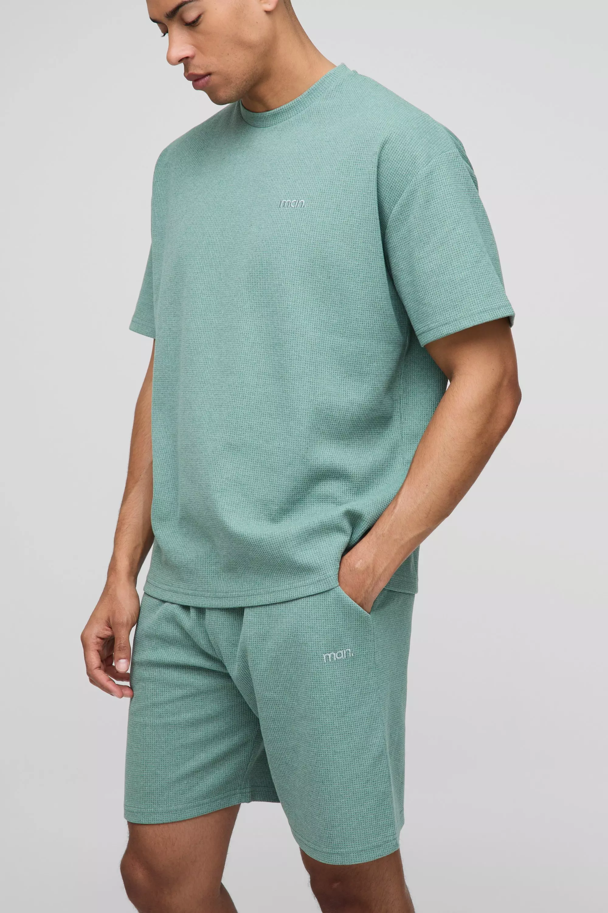 Sage Green Oversized Man Waffle T-Shirt & Short Set