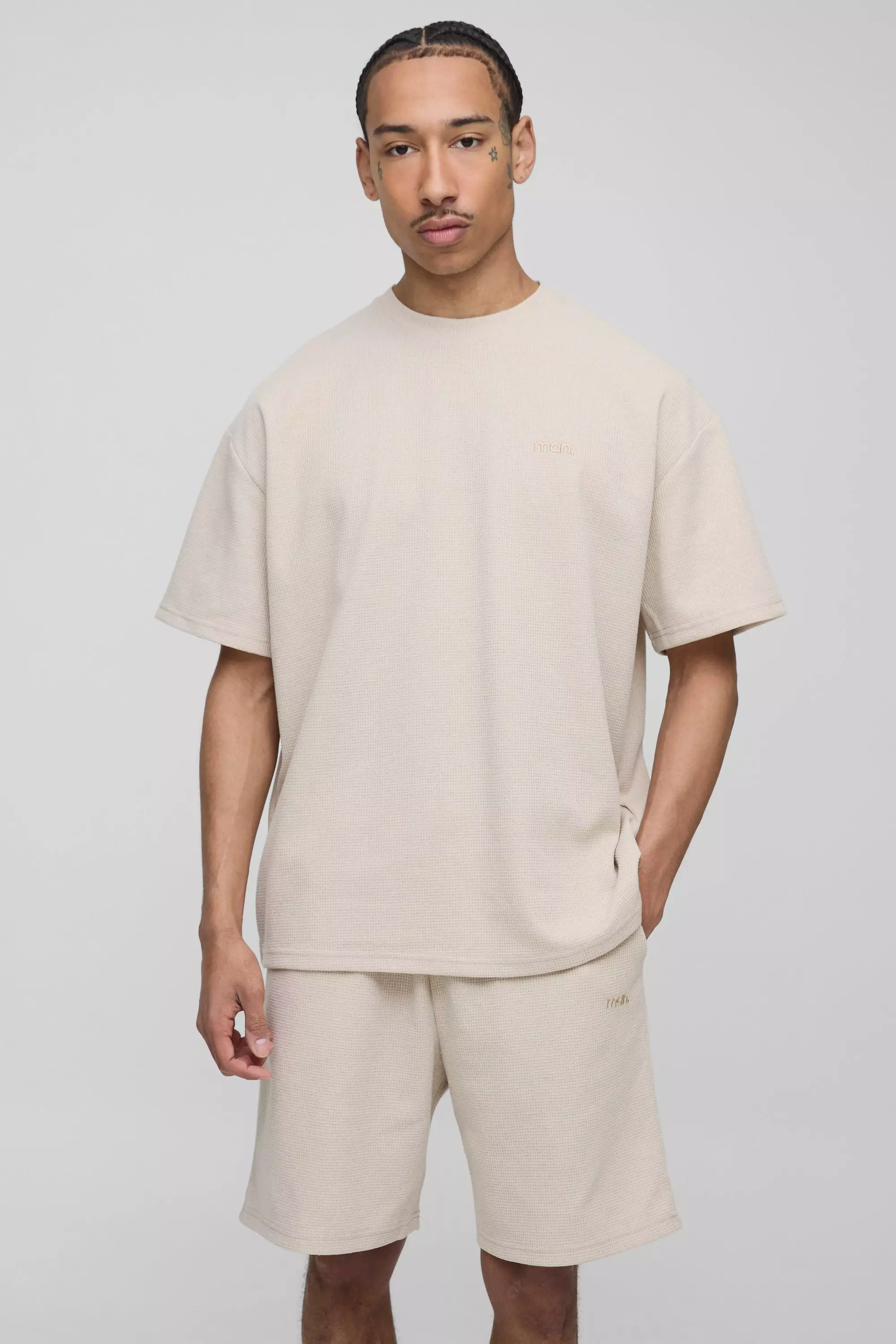 Oversized Man Waffle T-Shirt & Short Set Stone