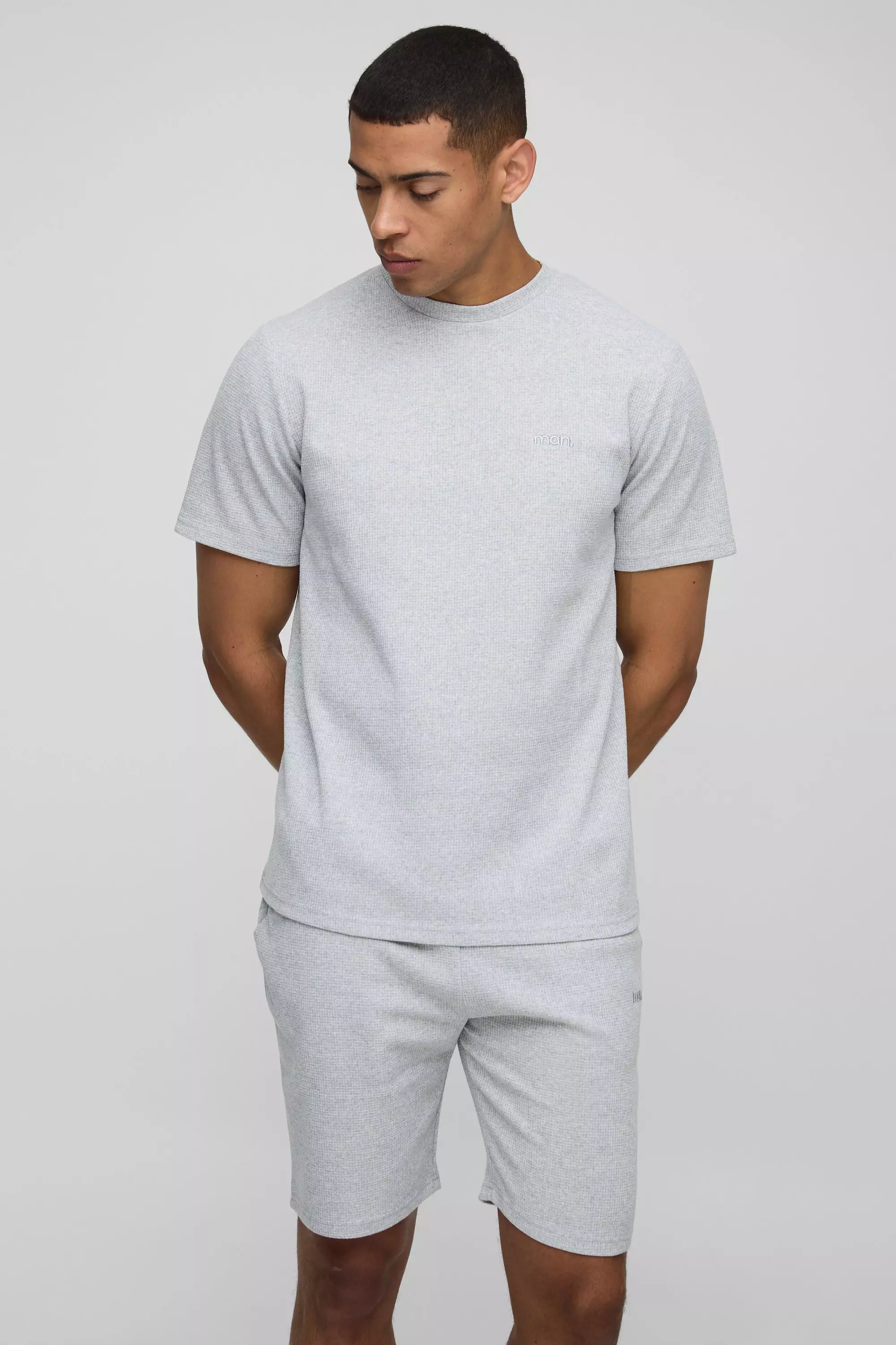 Regular Fit Man Waffle T-Shirt & Short Set Grey