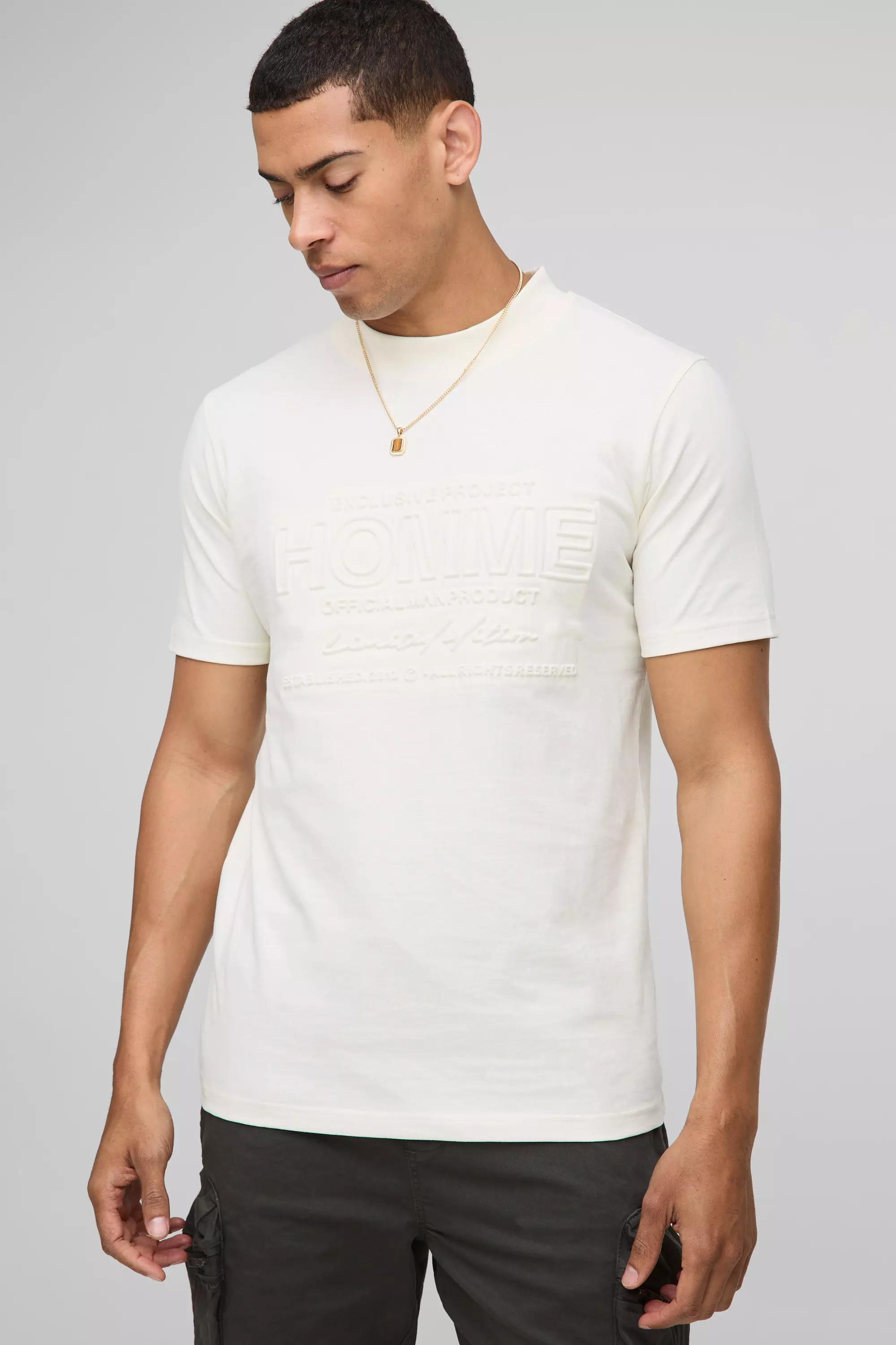 Slim Fit Peached Homme Embossed Extended Neck T-Shirt Ecru