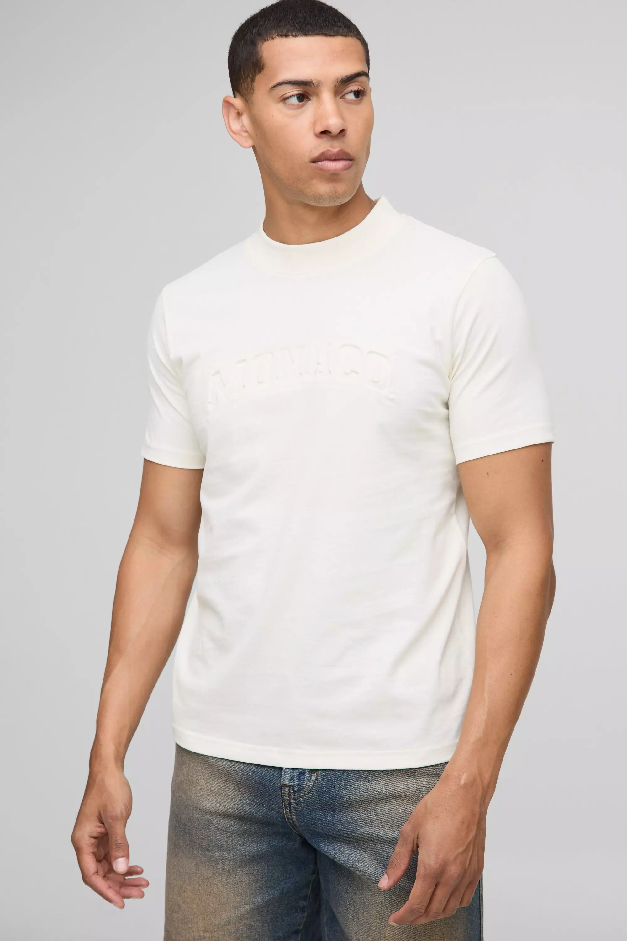 Slim Fit Peached Monaco Debossed Extended Neck T-Shirt Ecru