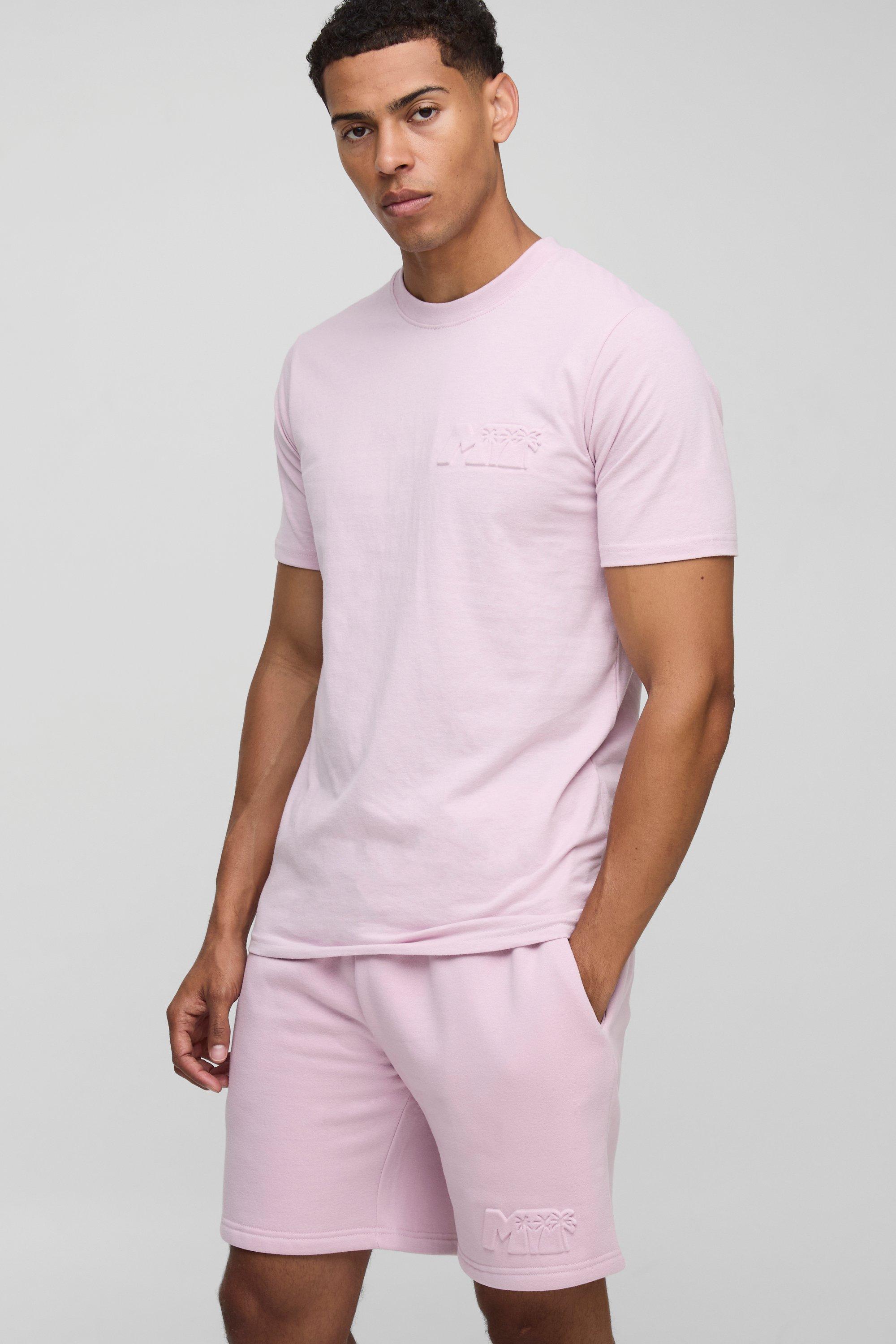 Slim Fit Peached M Palm Embossed T-Shirt & Shorts Set | boohooMAN USA