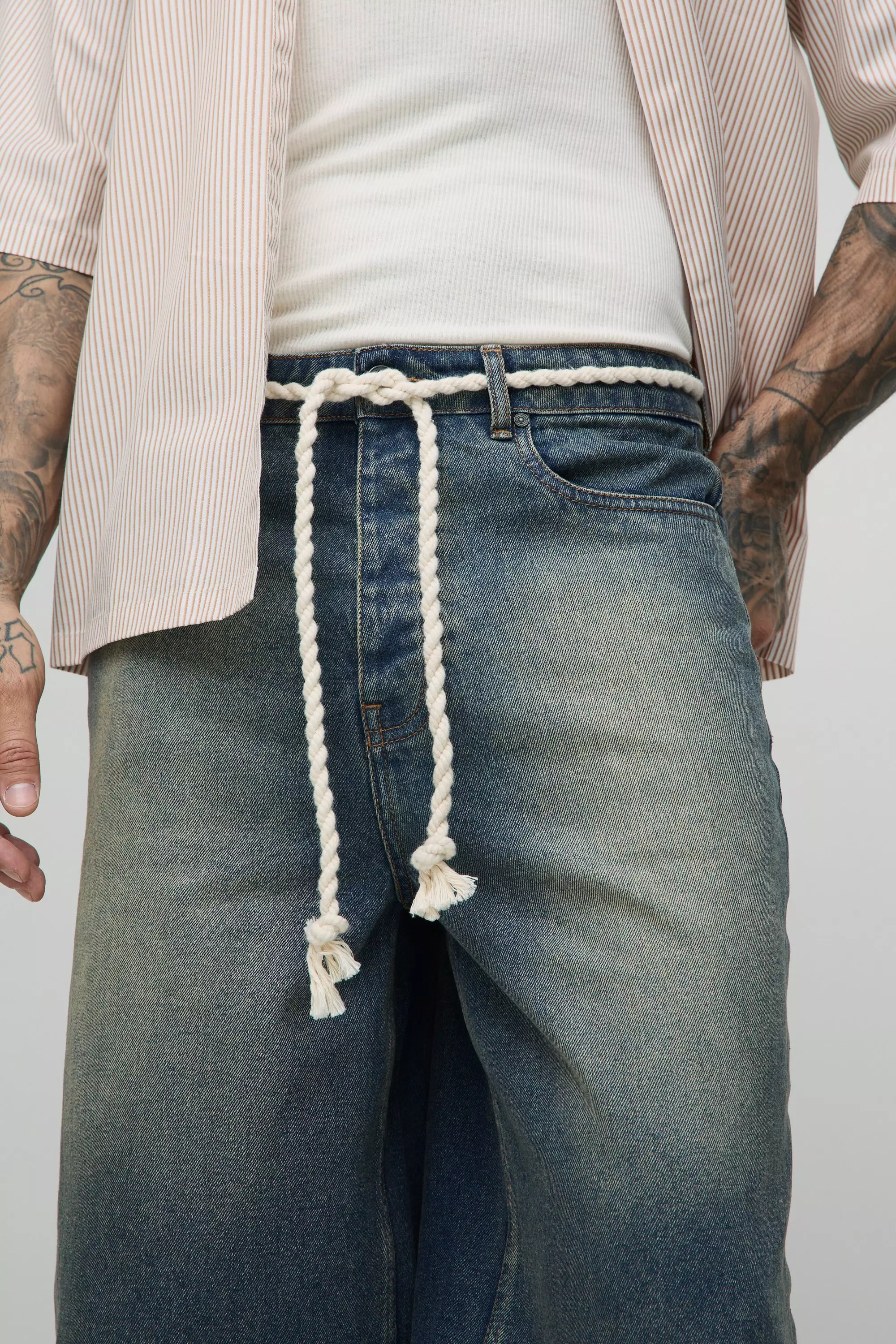 Tall Relaxed Fit Chunky Rope Belted Stone Wash Jorts | boohooMAN USA