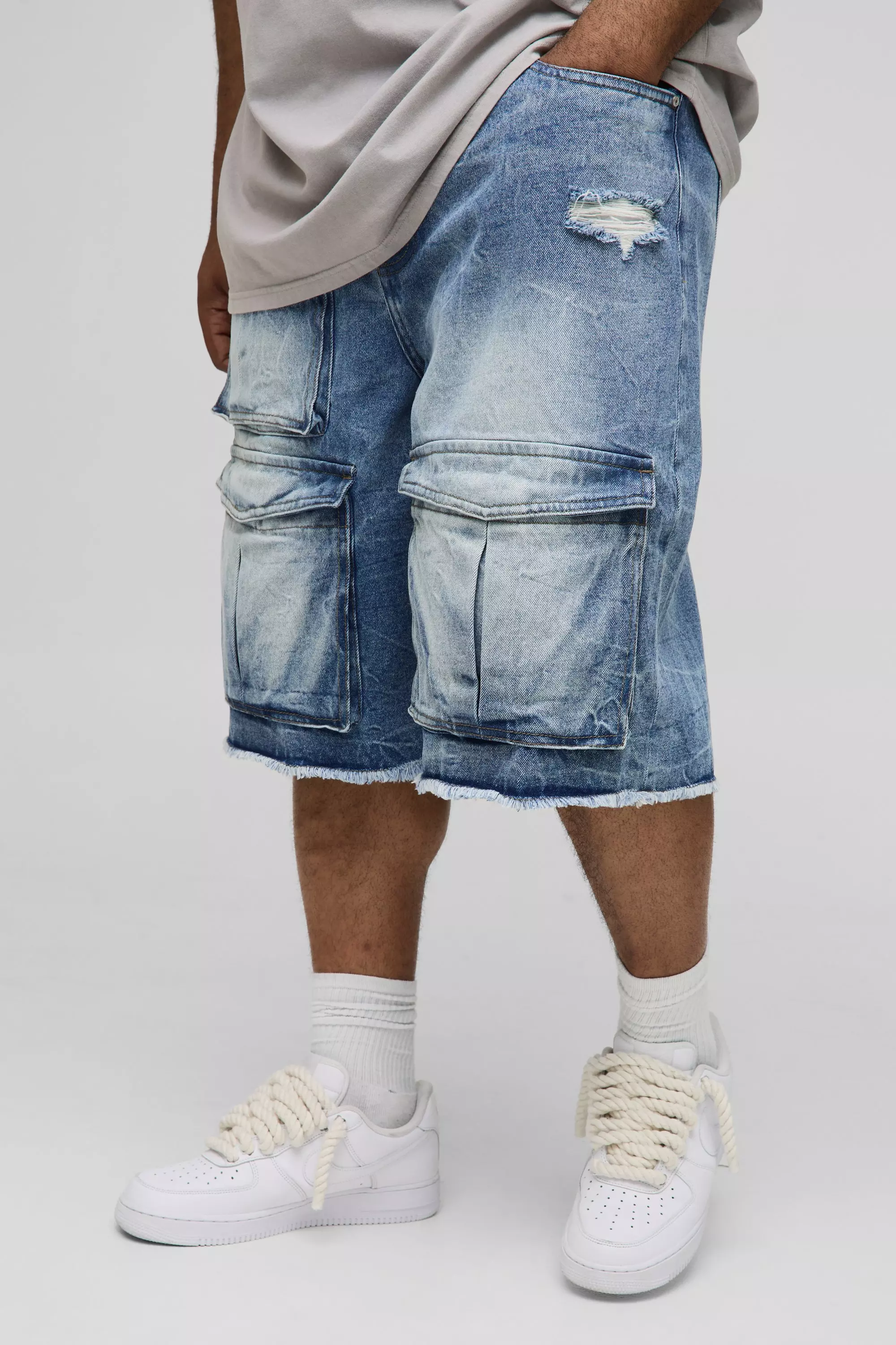 Plus Slim Ice Wash Raw Hem Distressed Cargo Jorts | boohooMAN USA