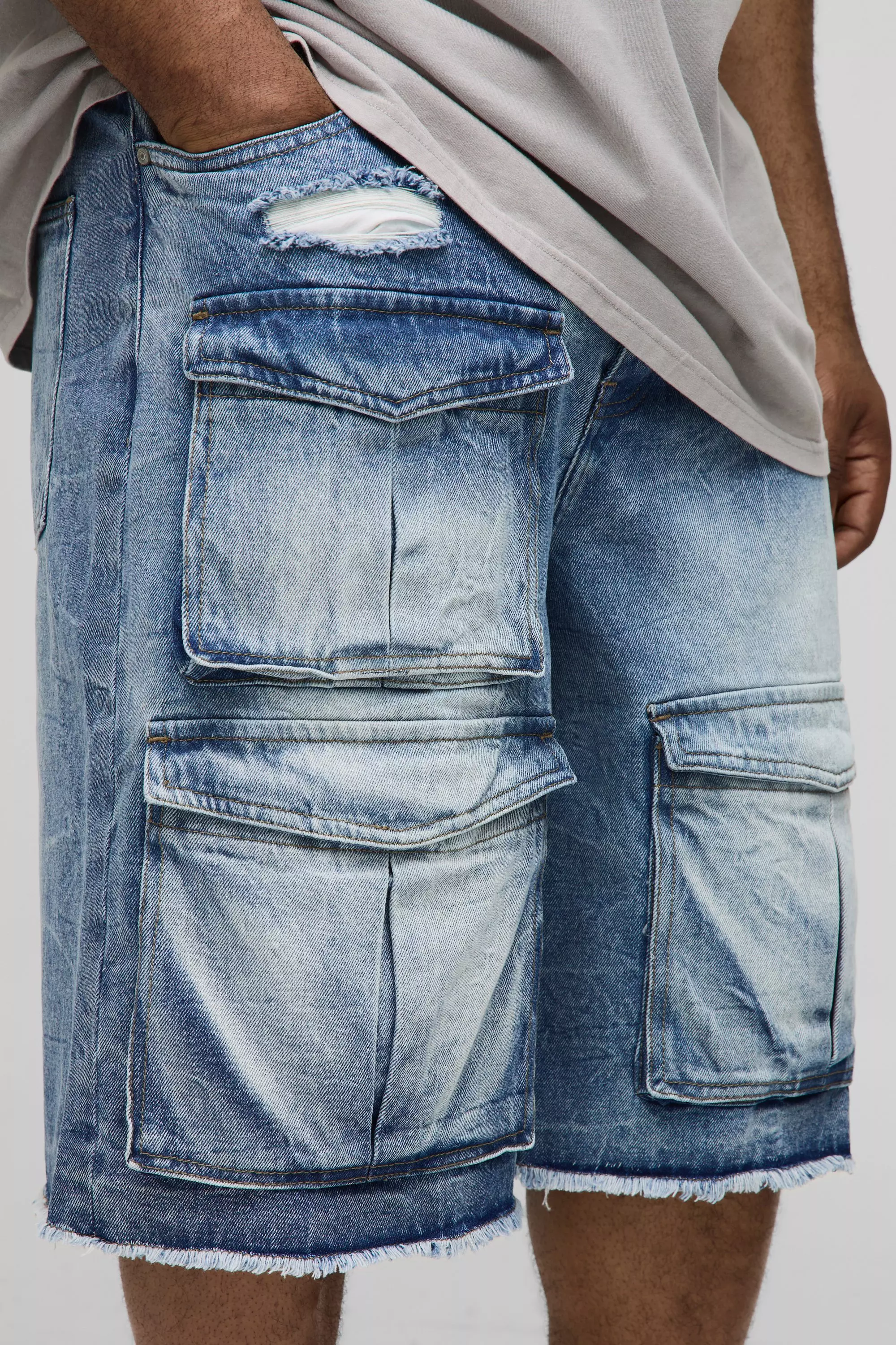 Plus Slim Ice Wash Raw Hem Distressed Cargo Jorts | boohooMAN USA