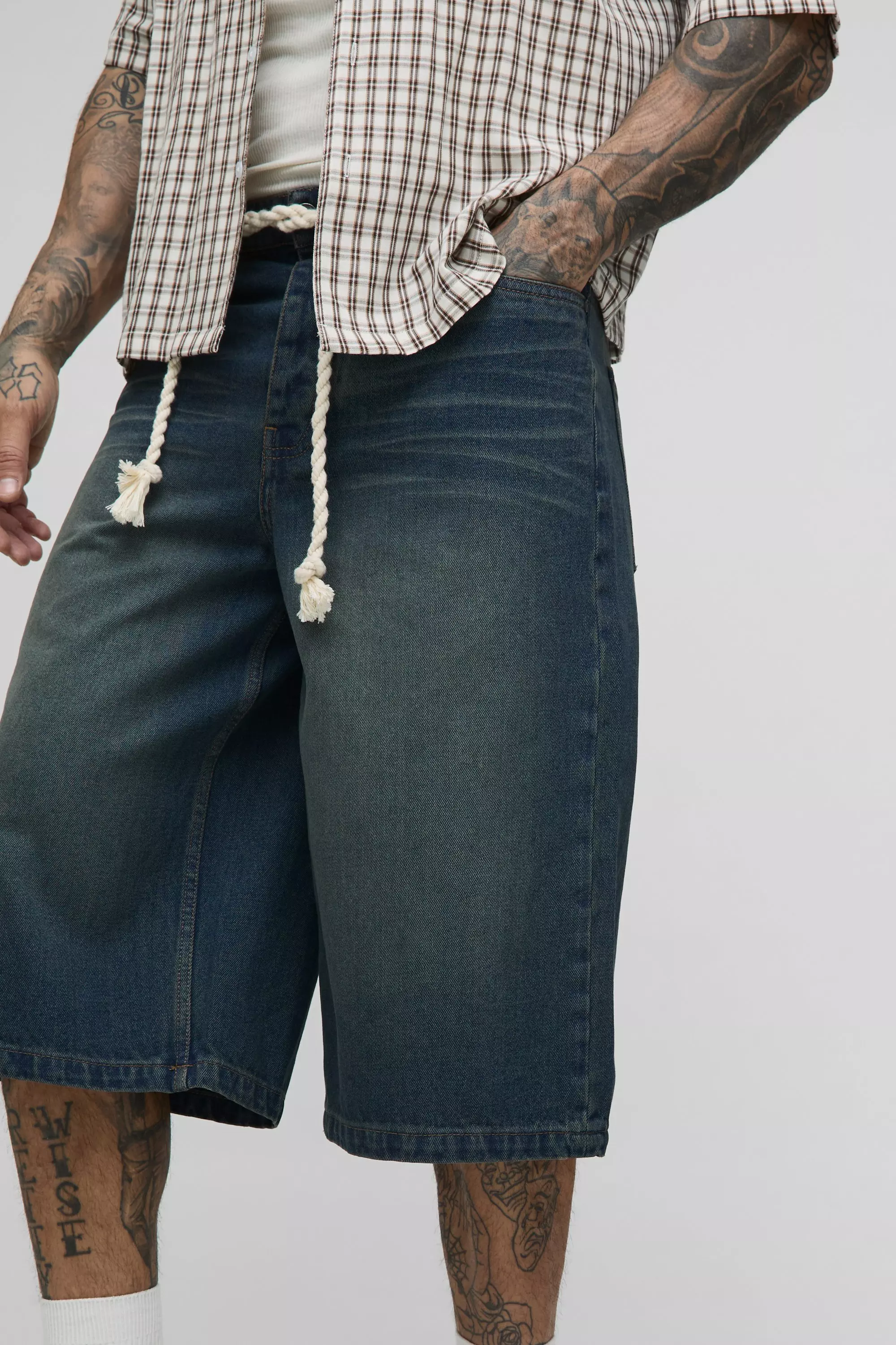 Tall Overdye D Ring Relaxed Fit Jorts | boohooMAN USA