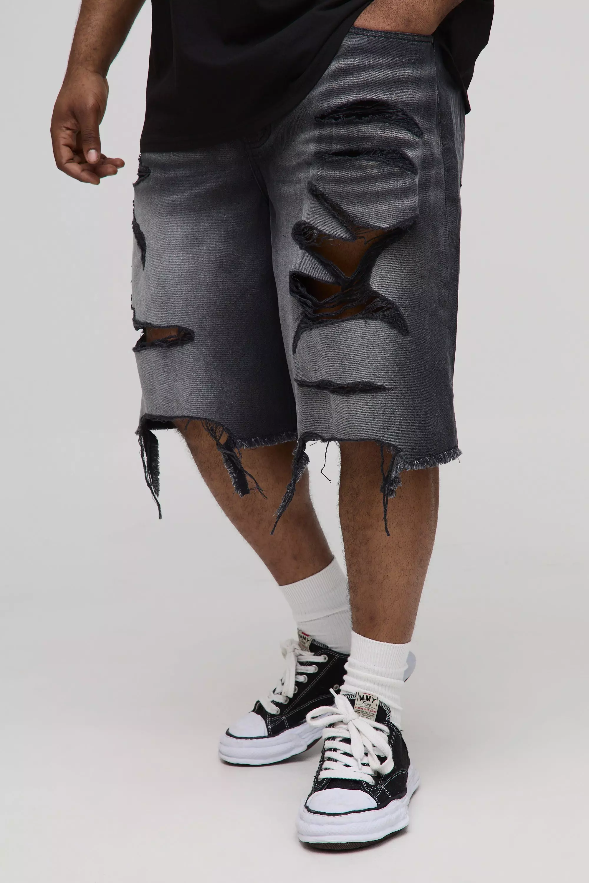 Plus Relaxed Fit Washed Super Distressed Jorts | boohooMAN USA
