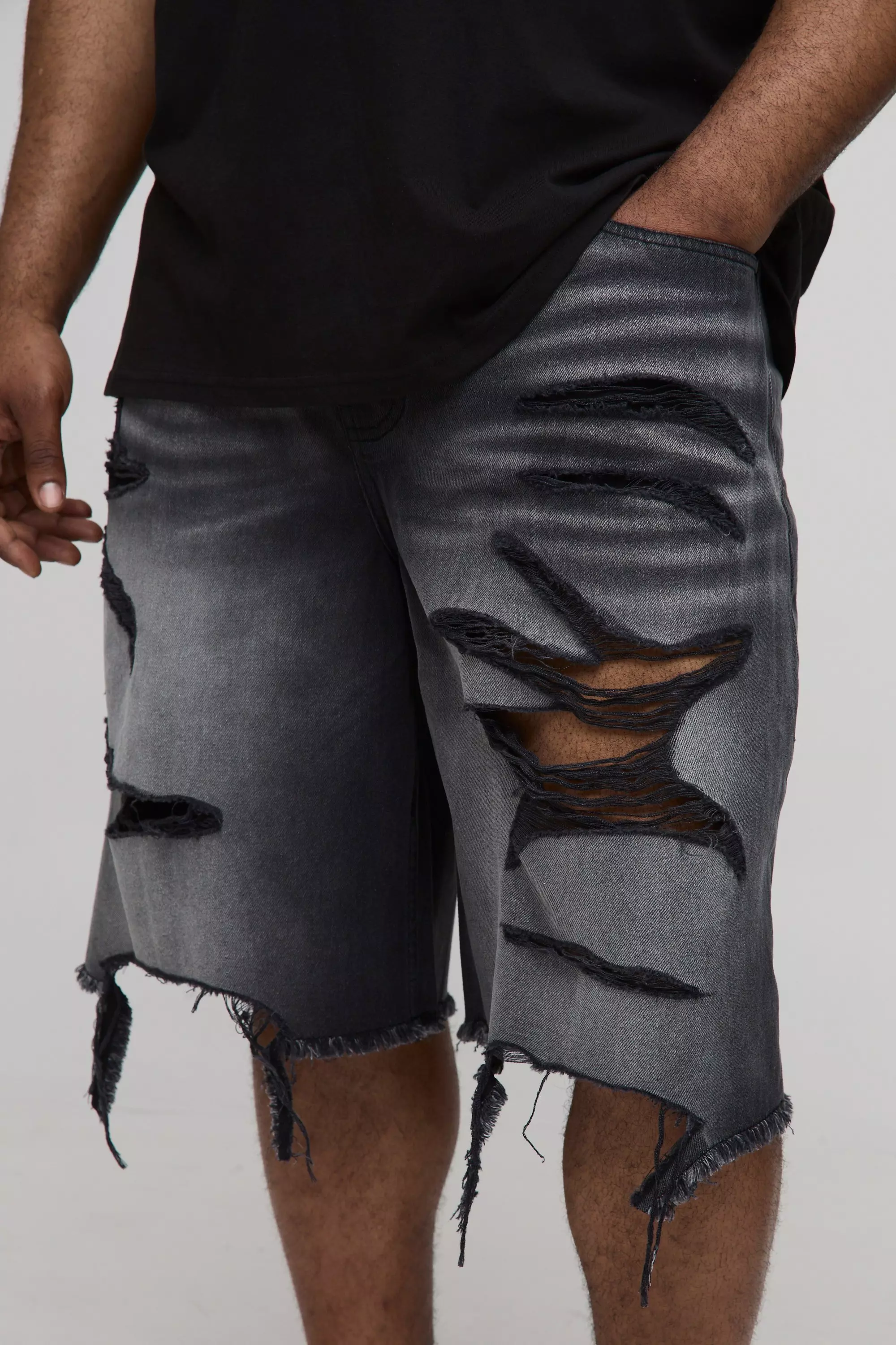 Plus Relaxed Fit Washed Super Distressed Jorts | boohooMAN USA