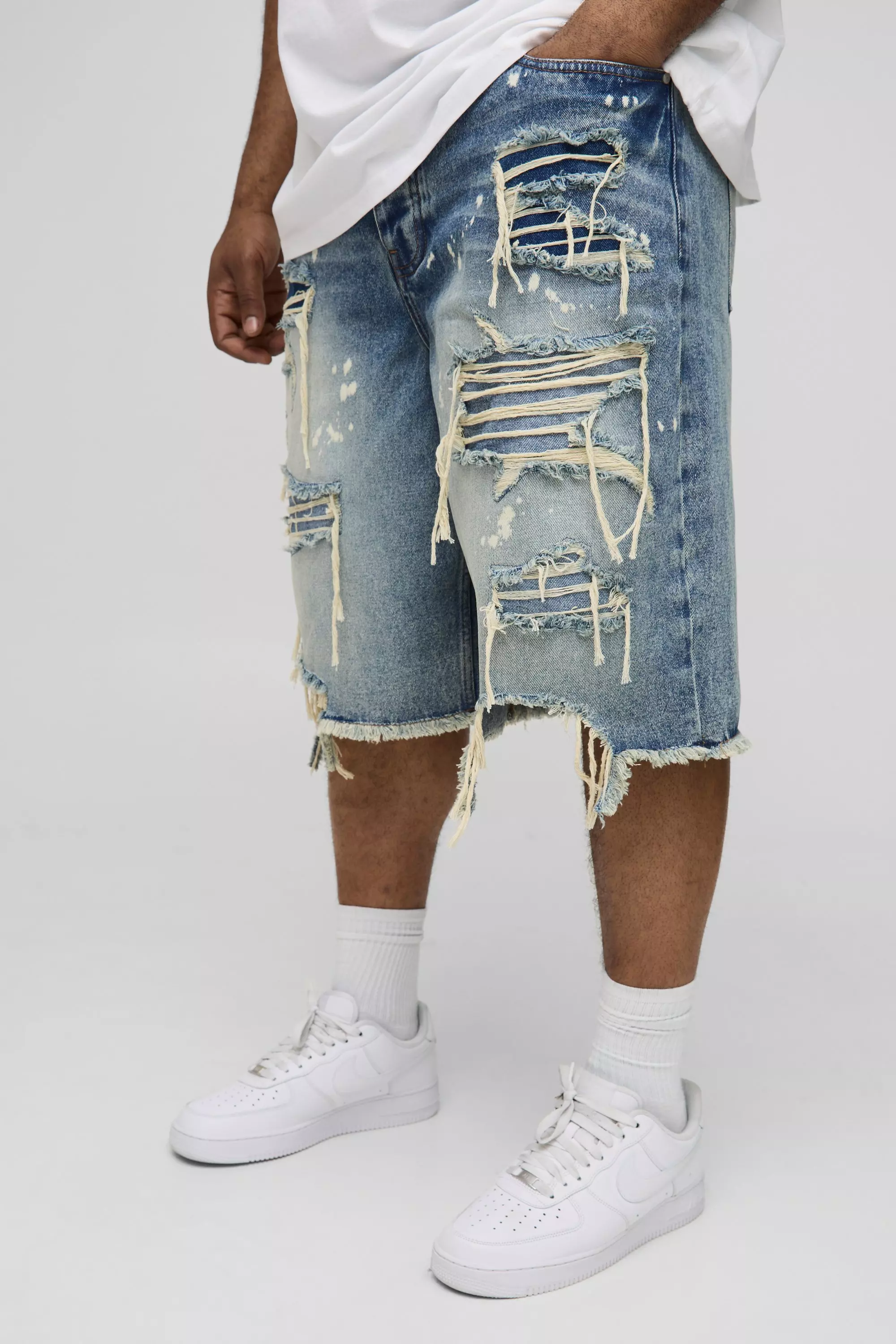 Plus Relaxed Fit Washed Paint Splatter Ripped Jorts | boohooMAN USA