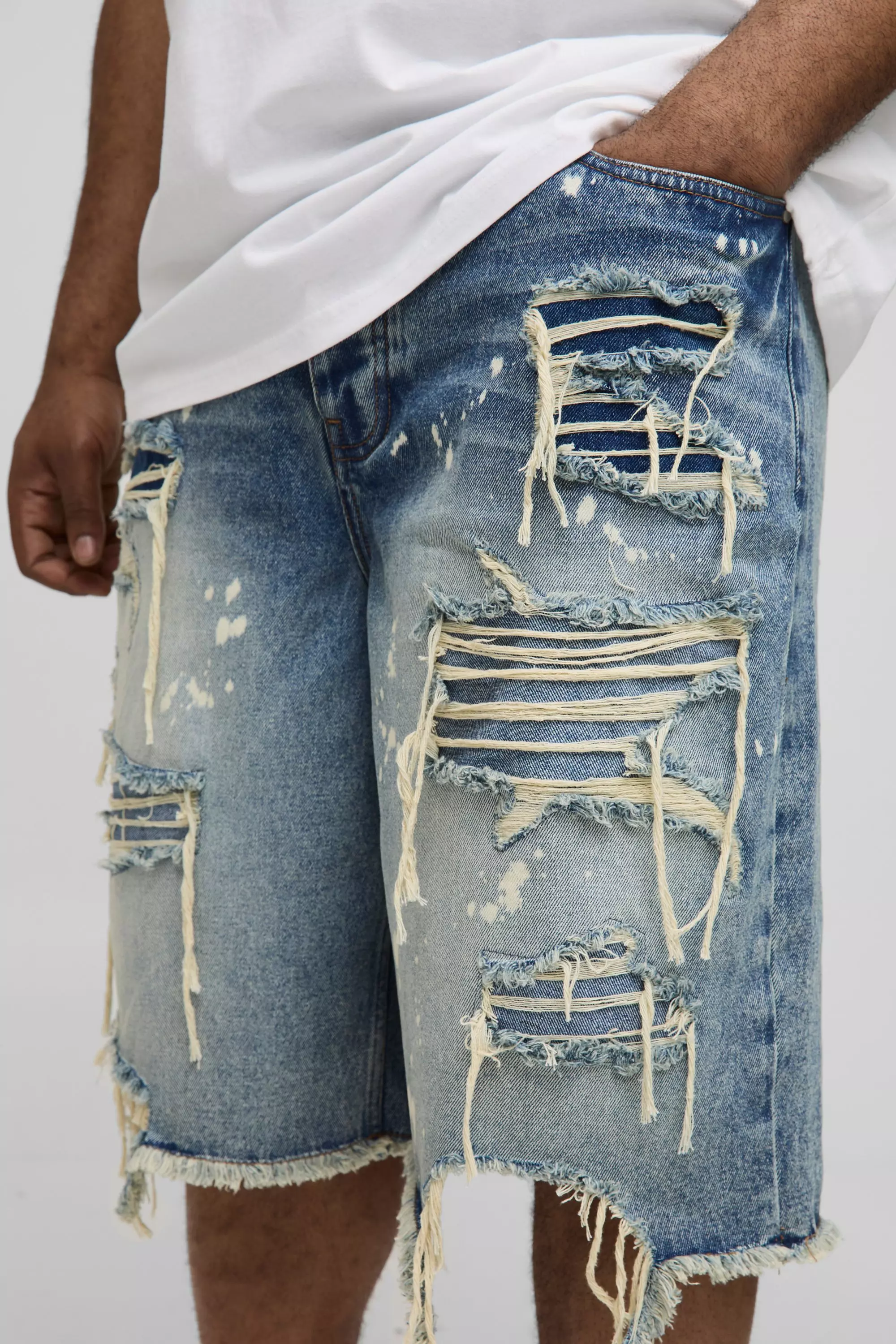 Plus Relaxed Fit Washed Paint Splatter Ripped Jorts | boohooMAN USA