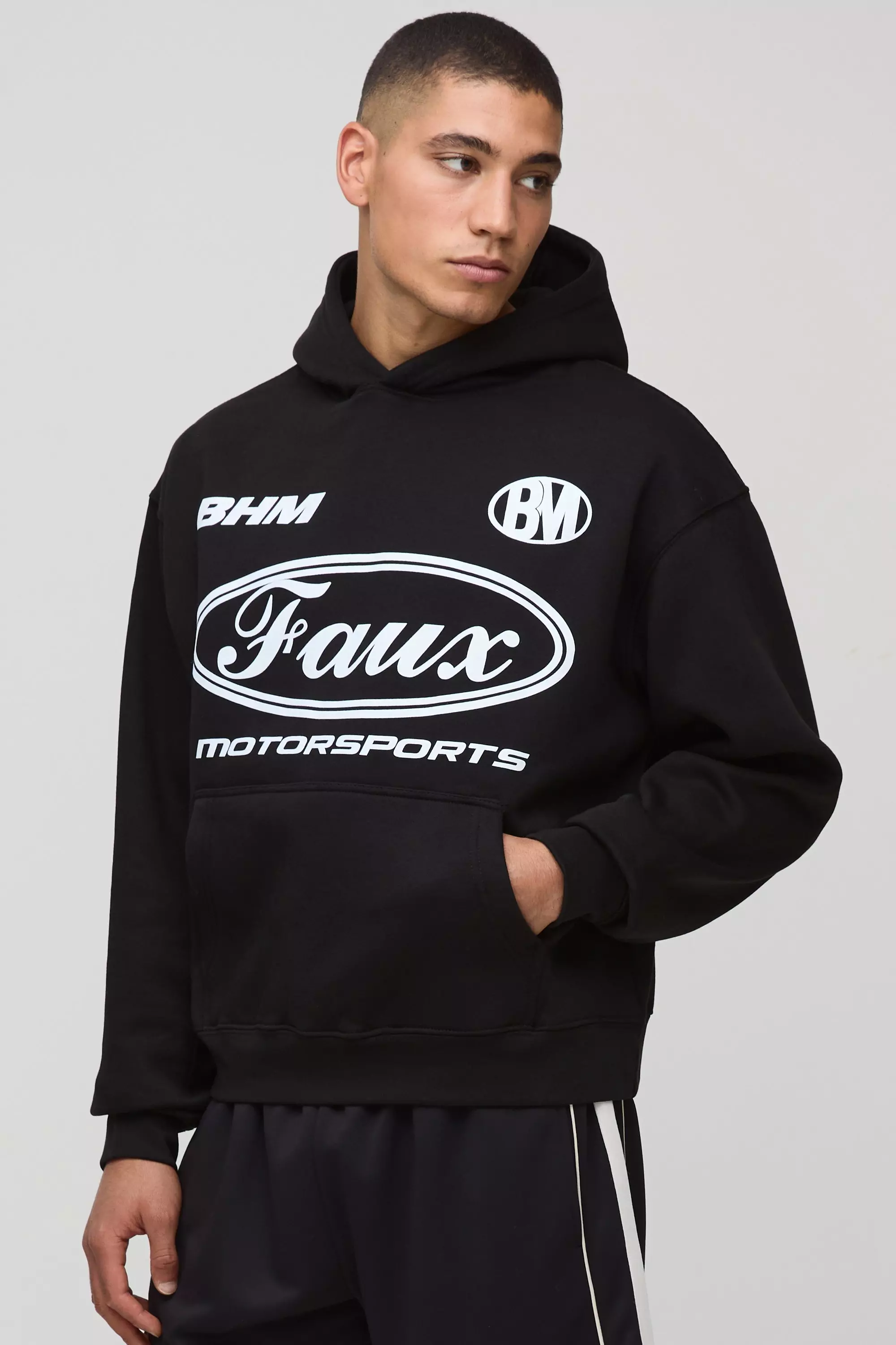 Black Oversized Boxy Moto Faux Graphic Hoodie