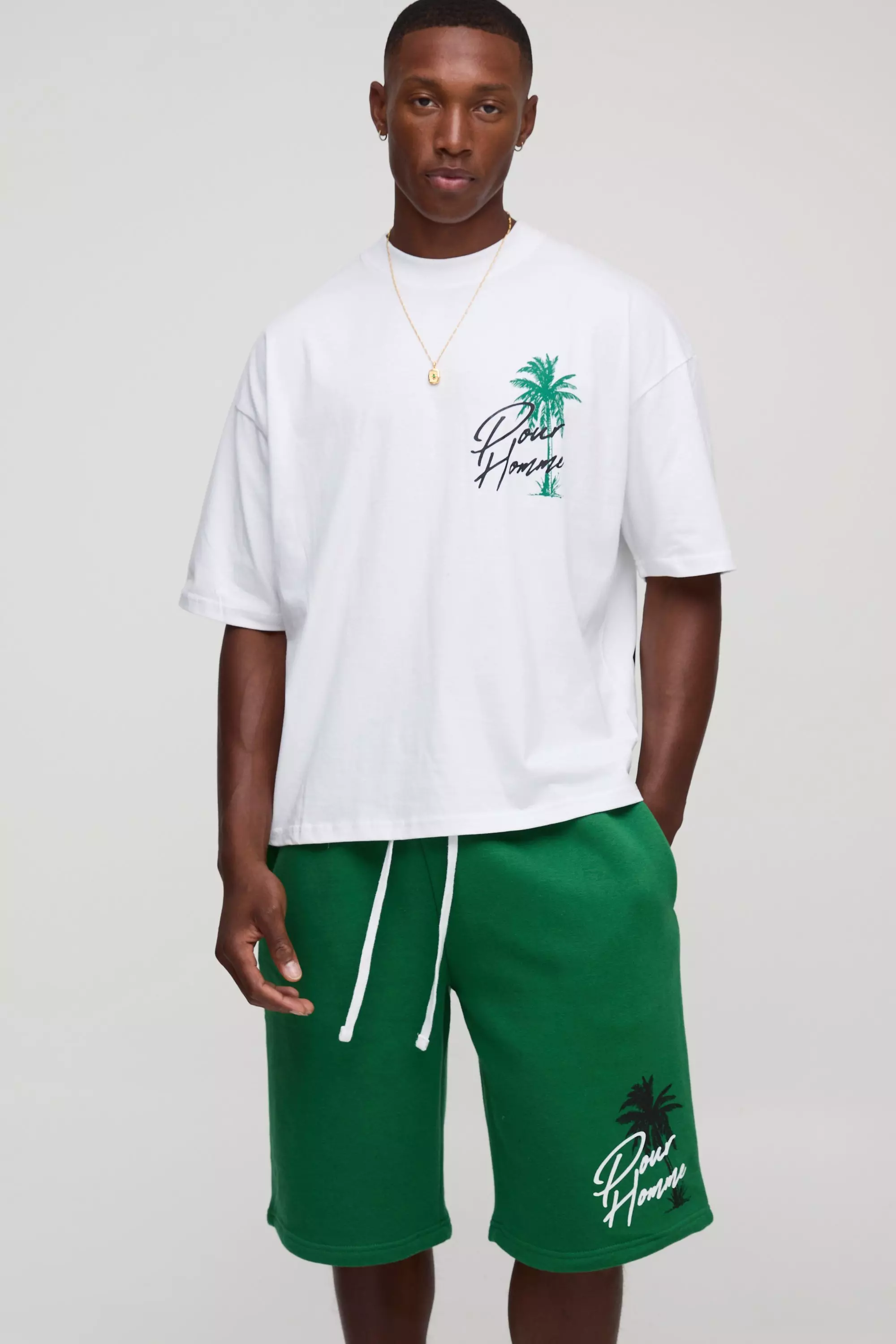 Oversized Boxy Extended Neck Print T-Shirt And Short Set Green