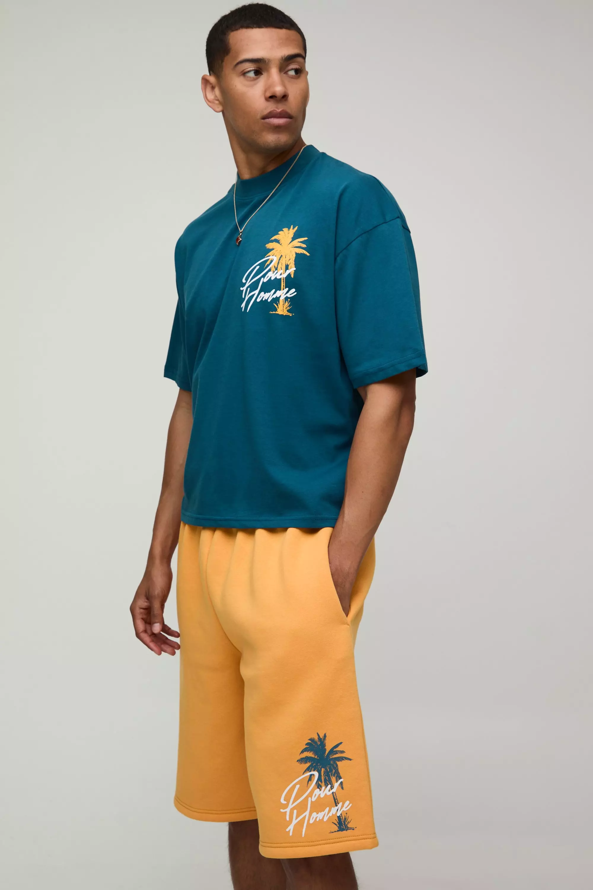Oversized Extended Neck Print T-Shirt And Short Set Teal
