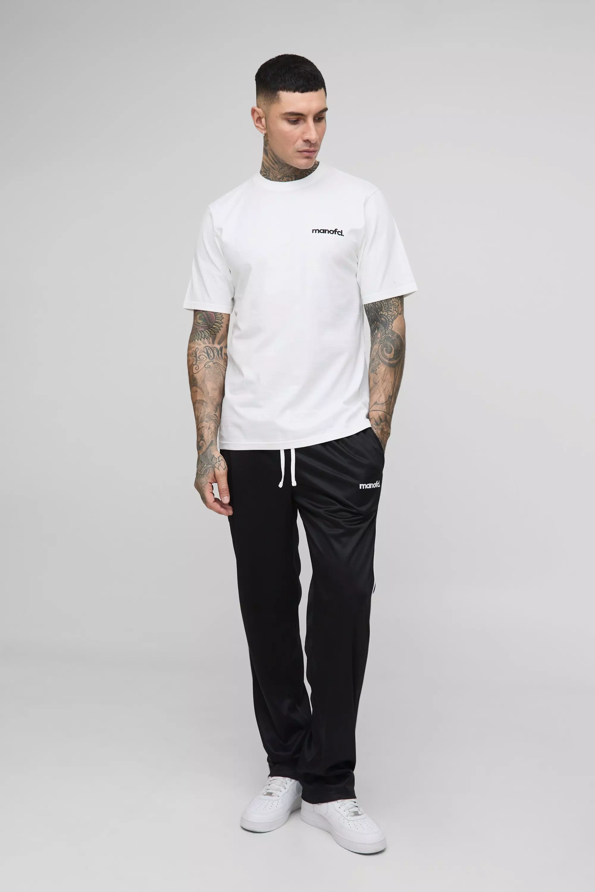 Tall Regular Man Embroidered T-Shirt & Oversized Tricot Extended Drawcord Jogger Set | boohooMAN UK