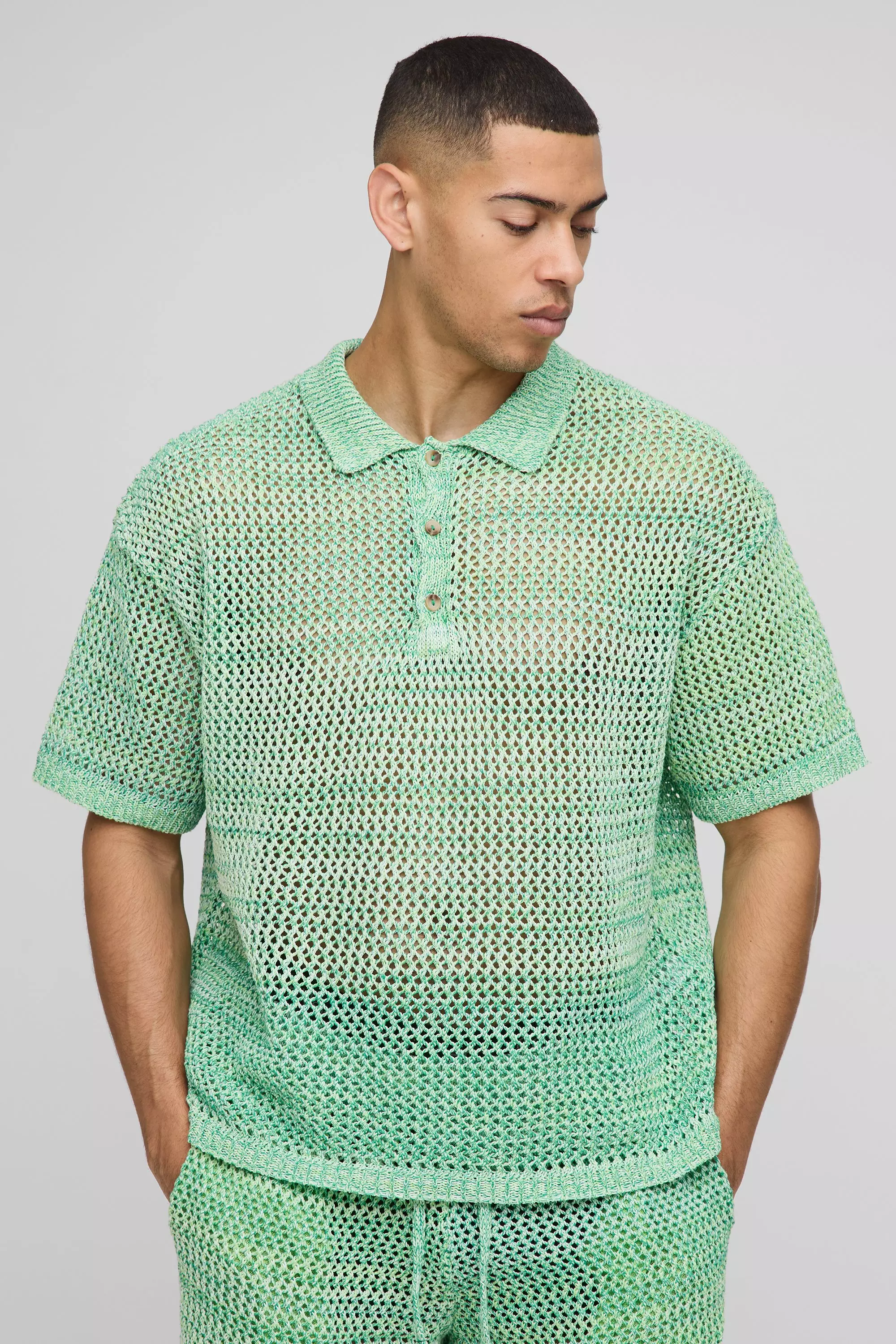 Polo oversize in maglia intrecciata con bottoni sul colletto, Green immagine alternativa