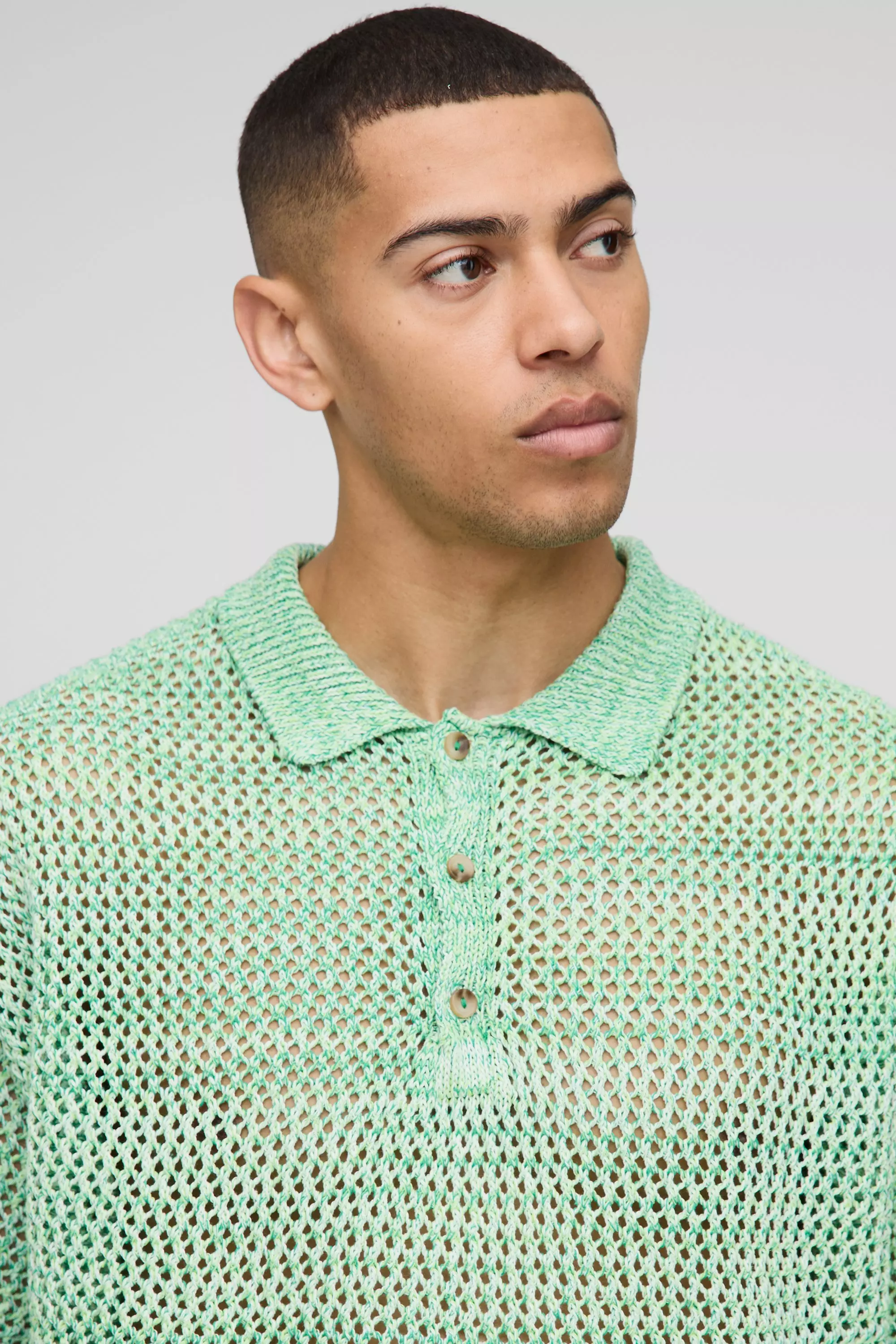 Polo oversize in maglia intrecciata con bottoni sul colletto, Green immagine alternativa