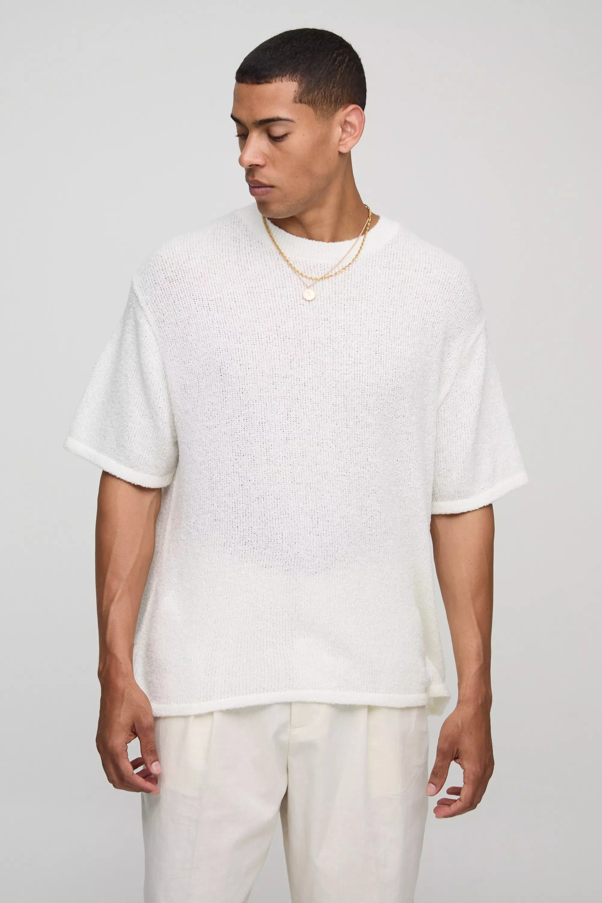 Boxy Fit Fine Knitted T-Shirt White