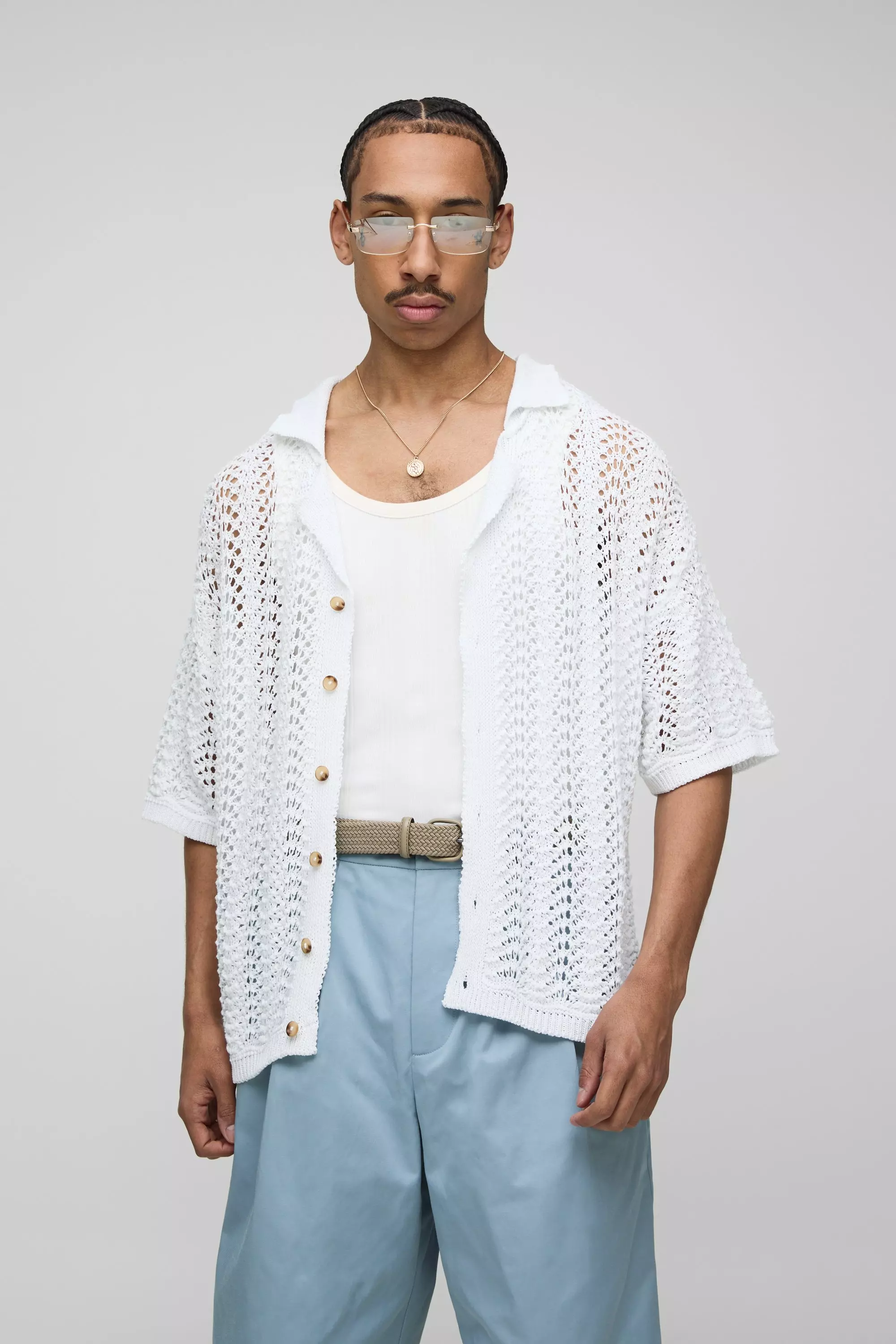 White Oversized Boxy Open Stitch Interest Knitted Shirt alternative image