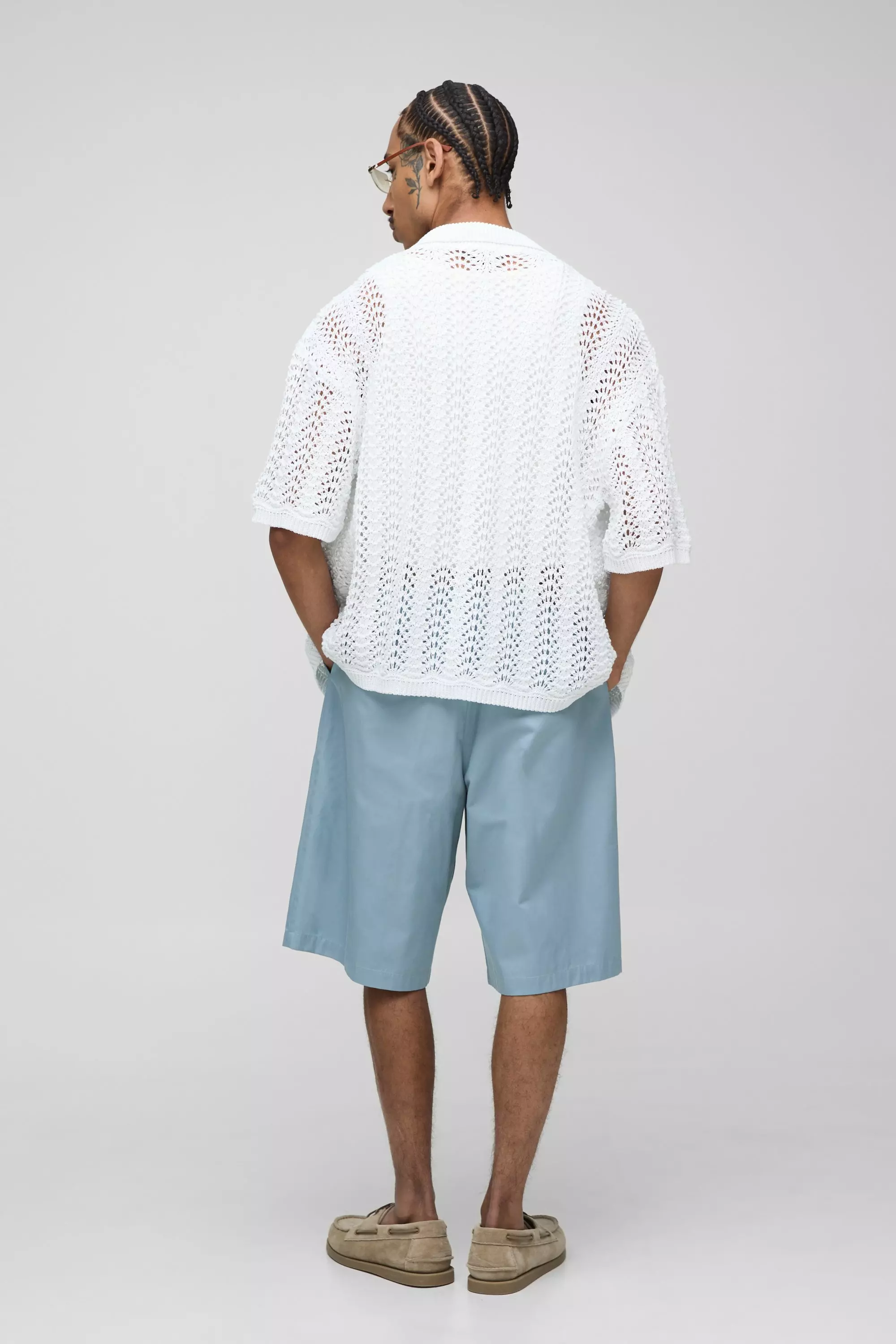 White Oversized Boxy Open Stitch Interest Knitted Shirt alternative image