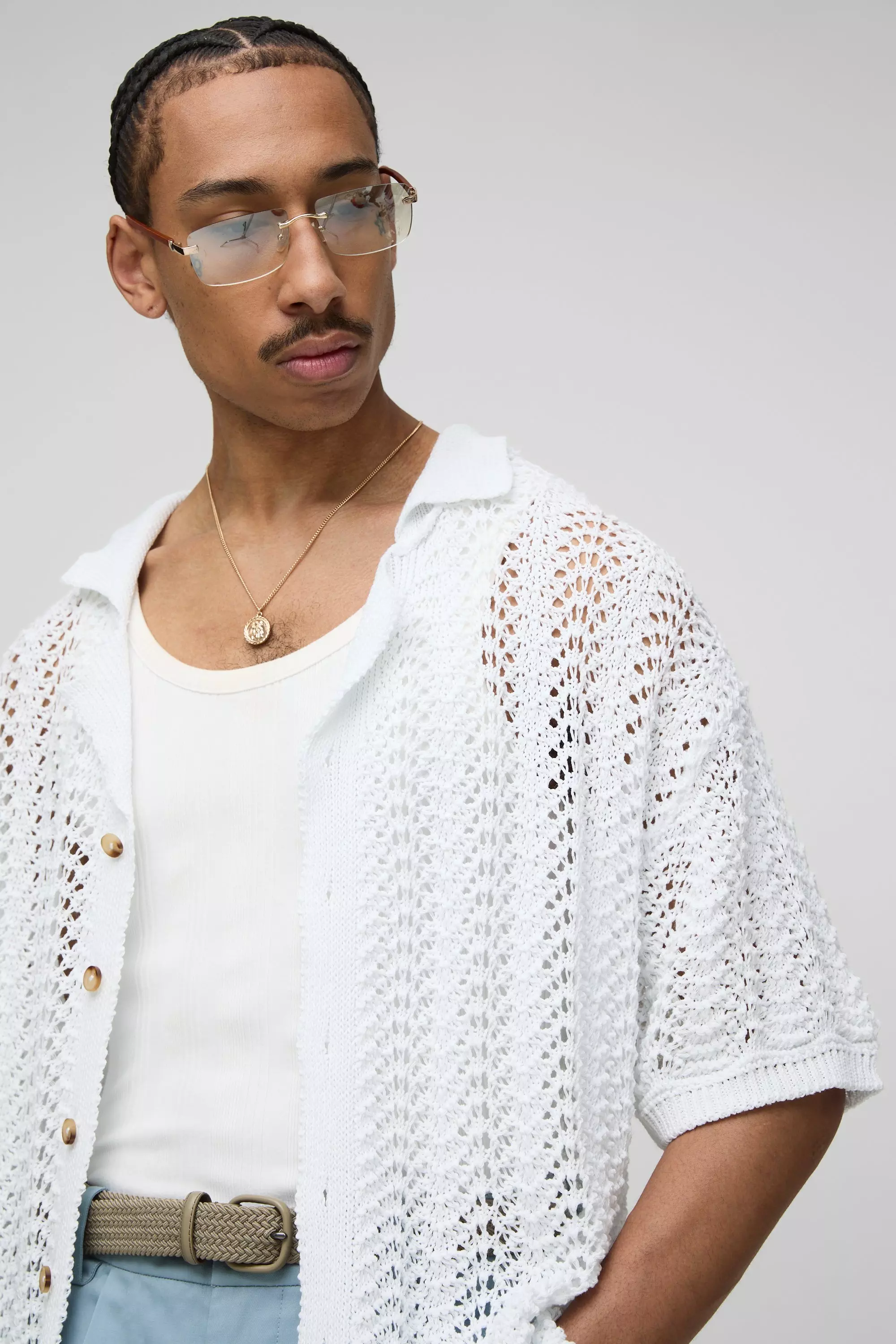 White Oversized Boxy Open Stitch Interest Knitted Shirt alternative image