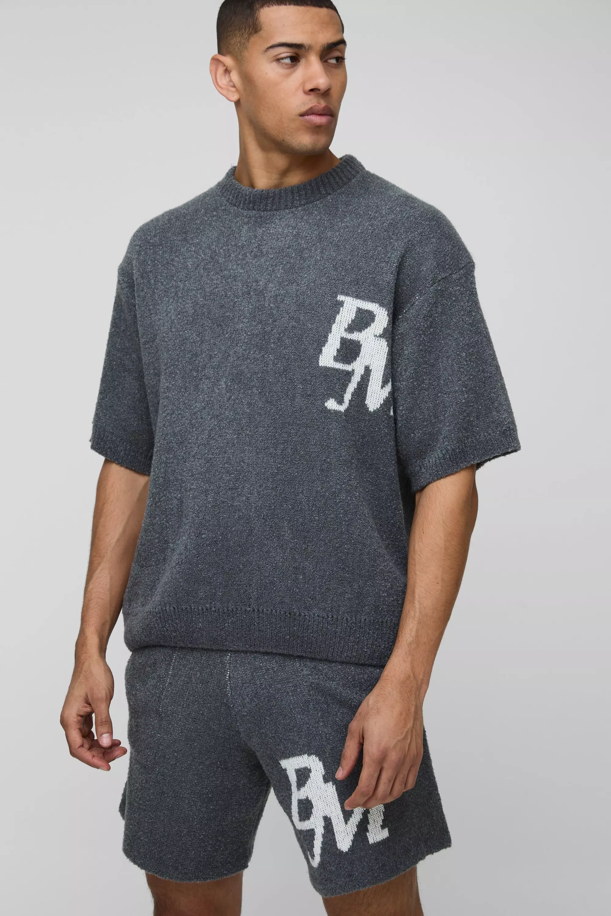 Charcoal BM Boxy Fit Boucle Knitted T-Shirt and Shorts Set alternative image