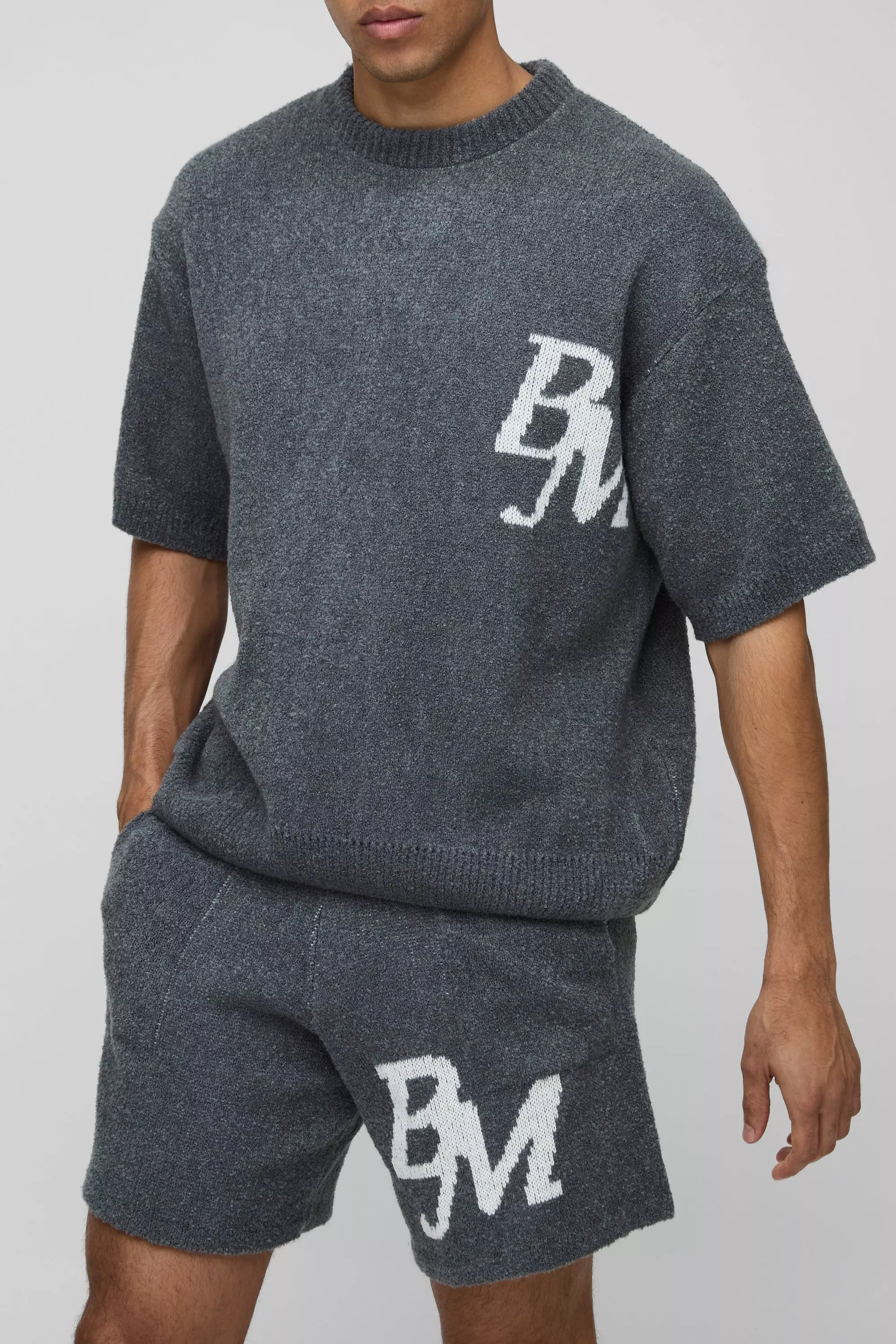 Charcoal BM Boxy Fit Boucle Knitted T-Shirt and Shorts Set alternative image