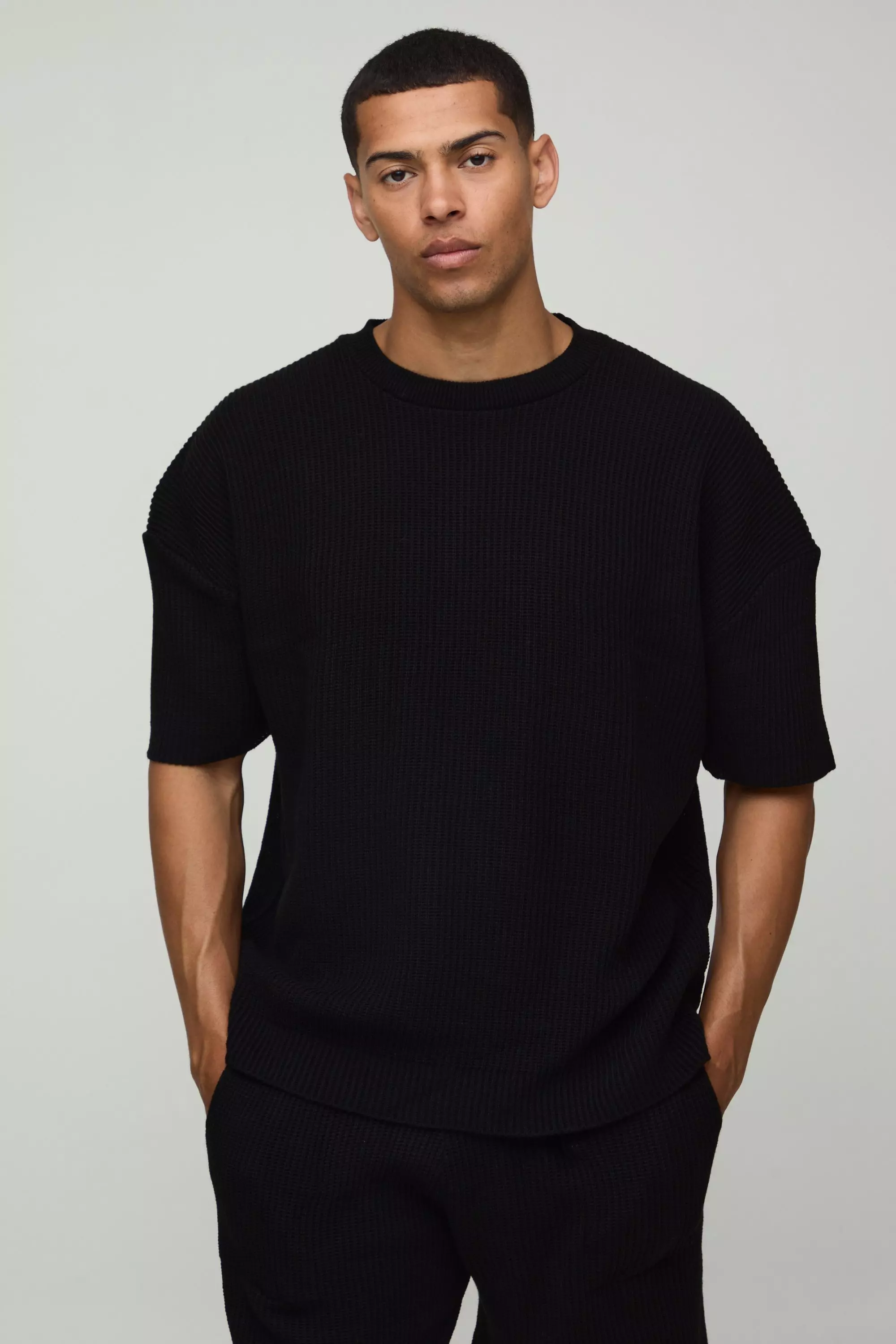 Black Boxy Fit Ribbed Knitted T-Shirt and Shorts Set alternative image