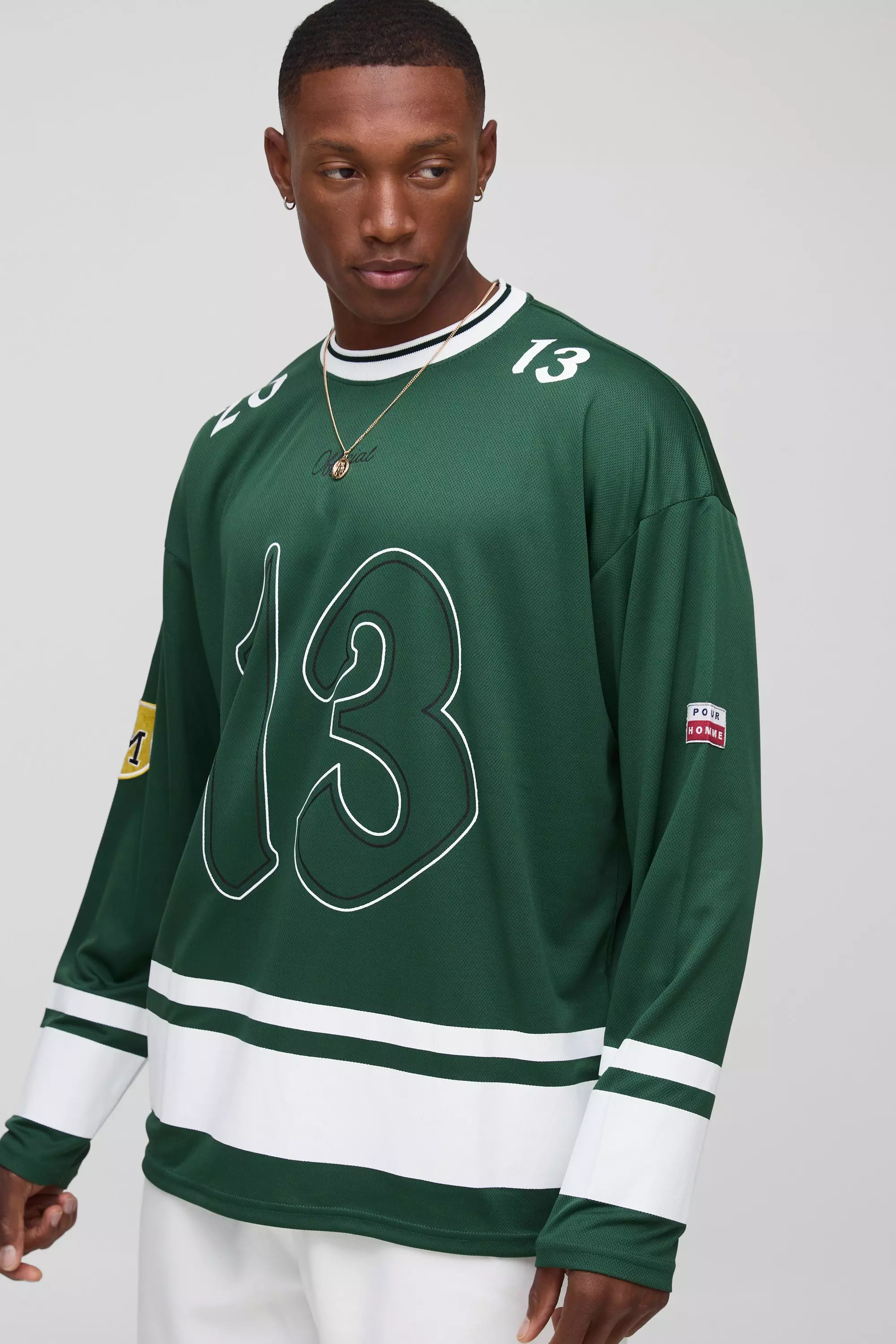 Oversized 13 Mesh Long Sleeve Hockey Top | boohooMAN USA