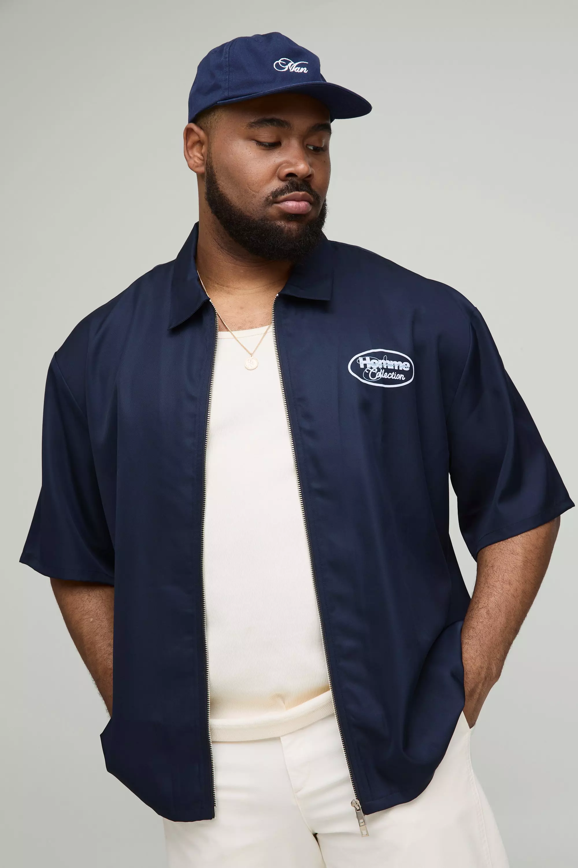 Plus Oversized Zip Through Soft Twill Homme Overshirt Navy