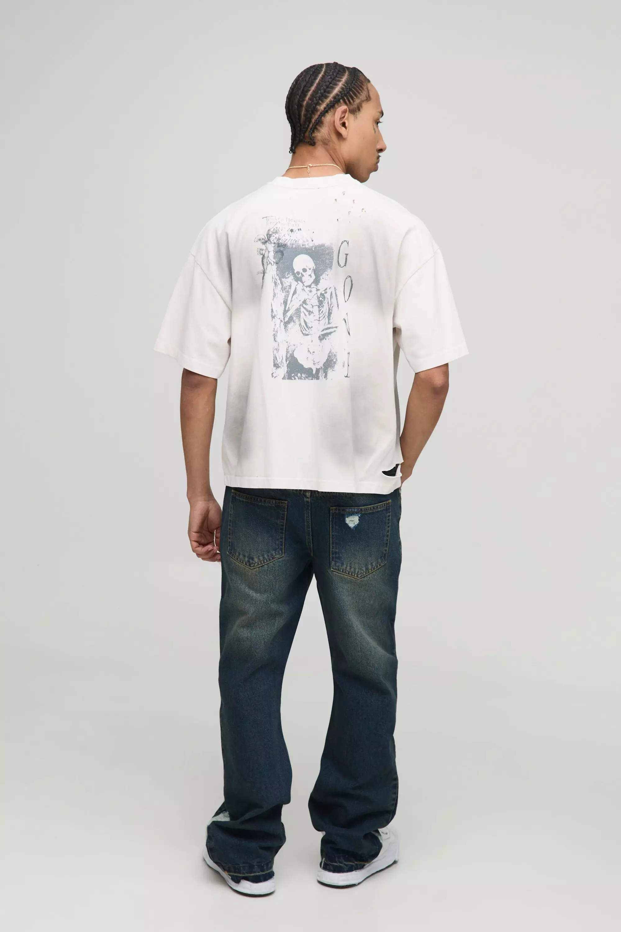 Slim Flared Vintage Blue Washed Distressed Gusset Jeans | boohooMAN USA