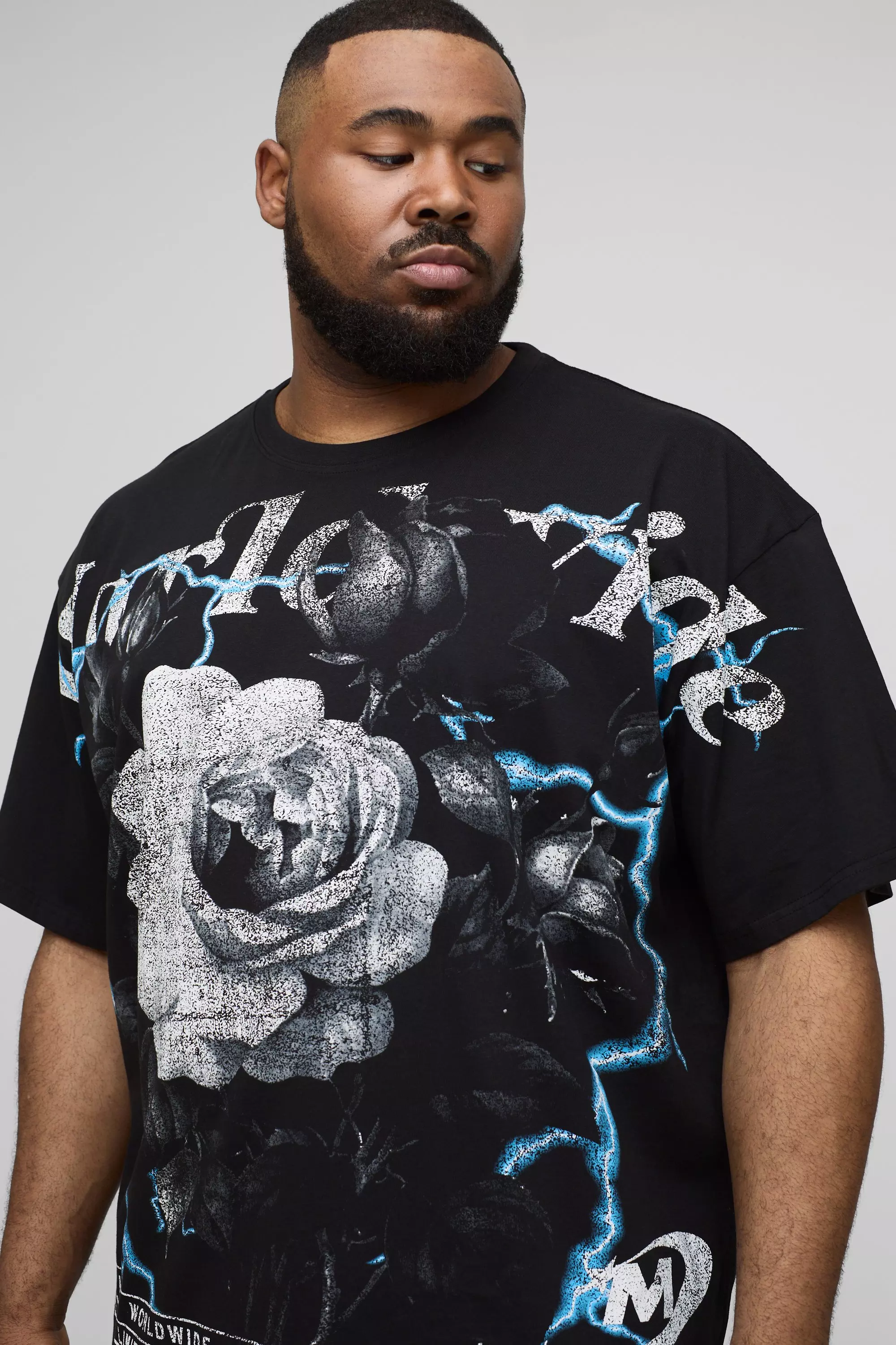 Plus Oversized Worldwide Floral Over The Seam Print T-Shirt | boohooMAN USA