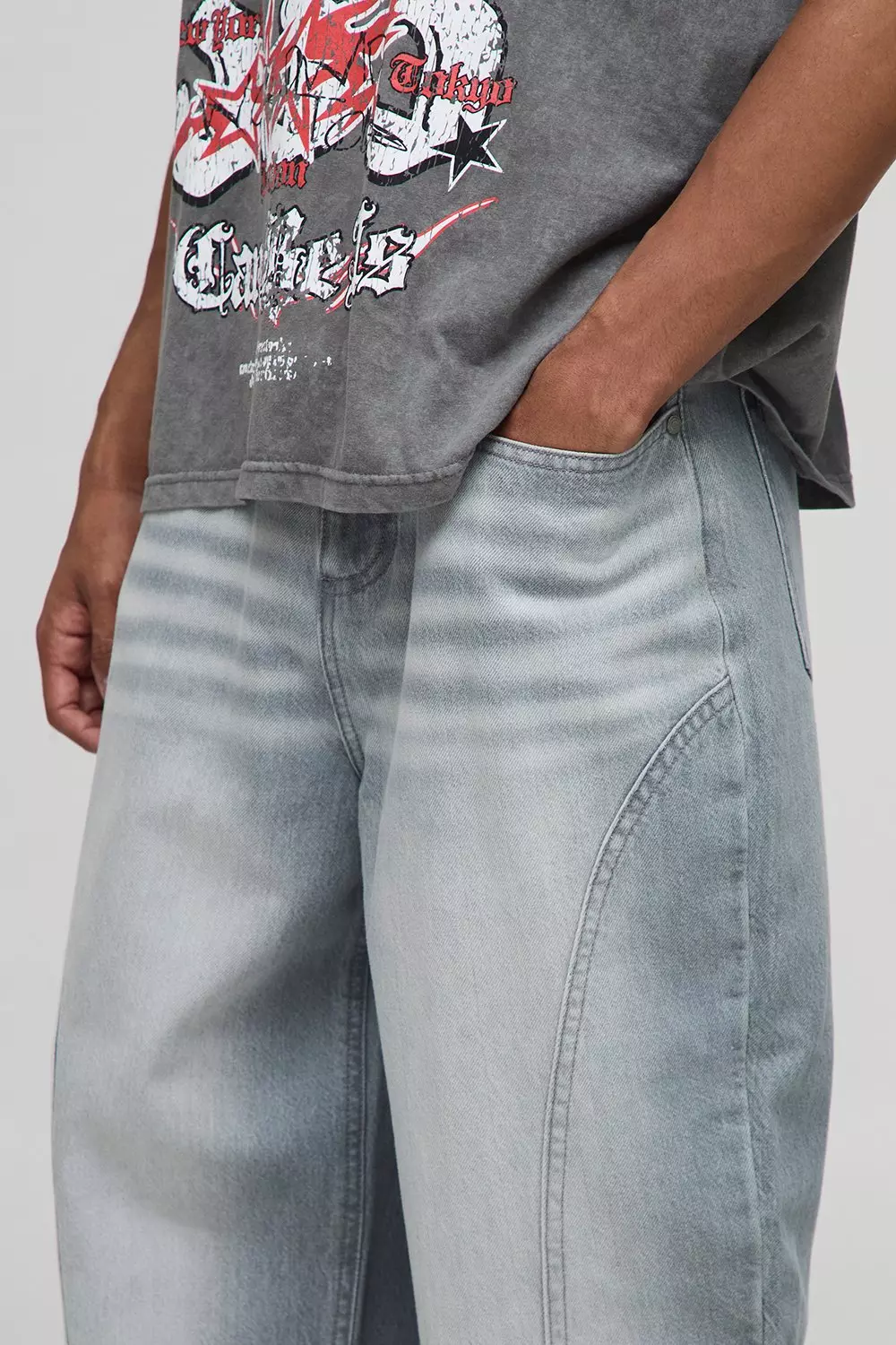 Baggy Ice Grey Washed Paneled Jeans | boohooMAN USA