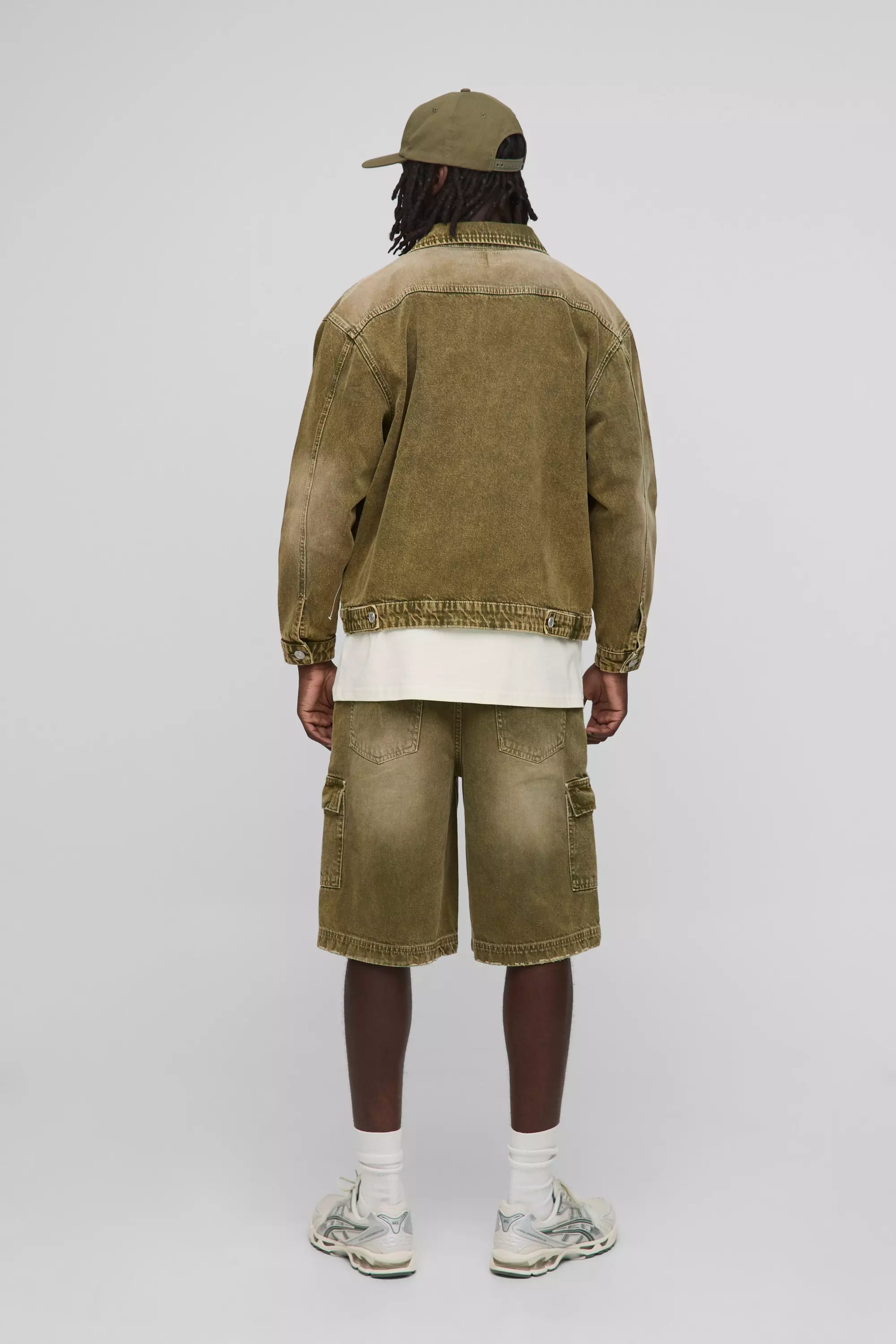 Regular Green Tinted Cargo Denim Jorts | boohooMAN USA