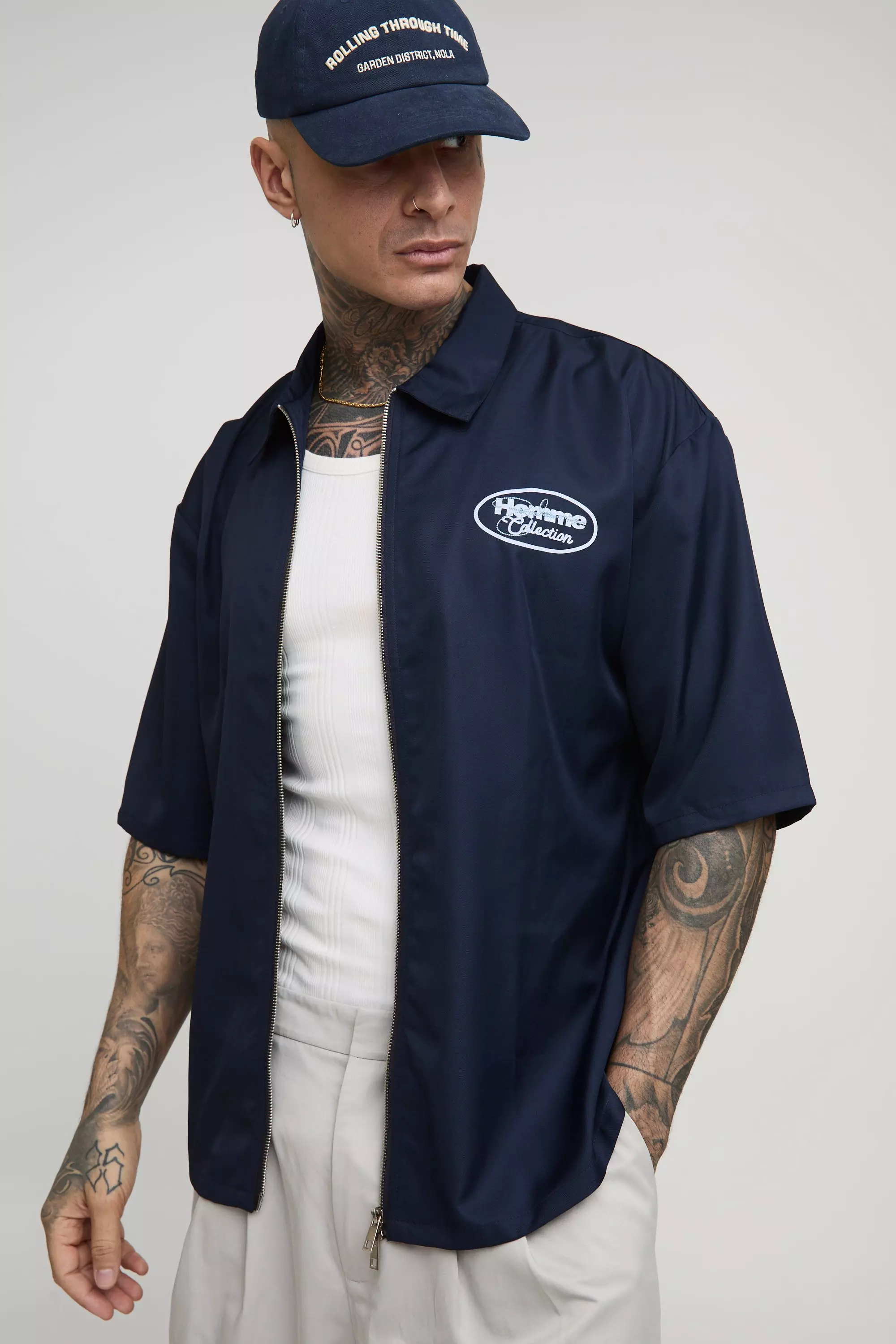 Tall Oversized Zip Through Soft Twill Homme Overshirt Navy
