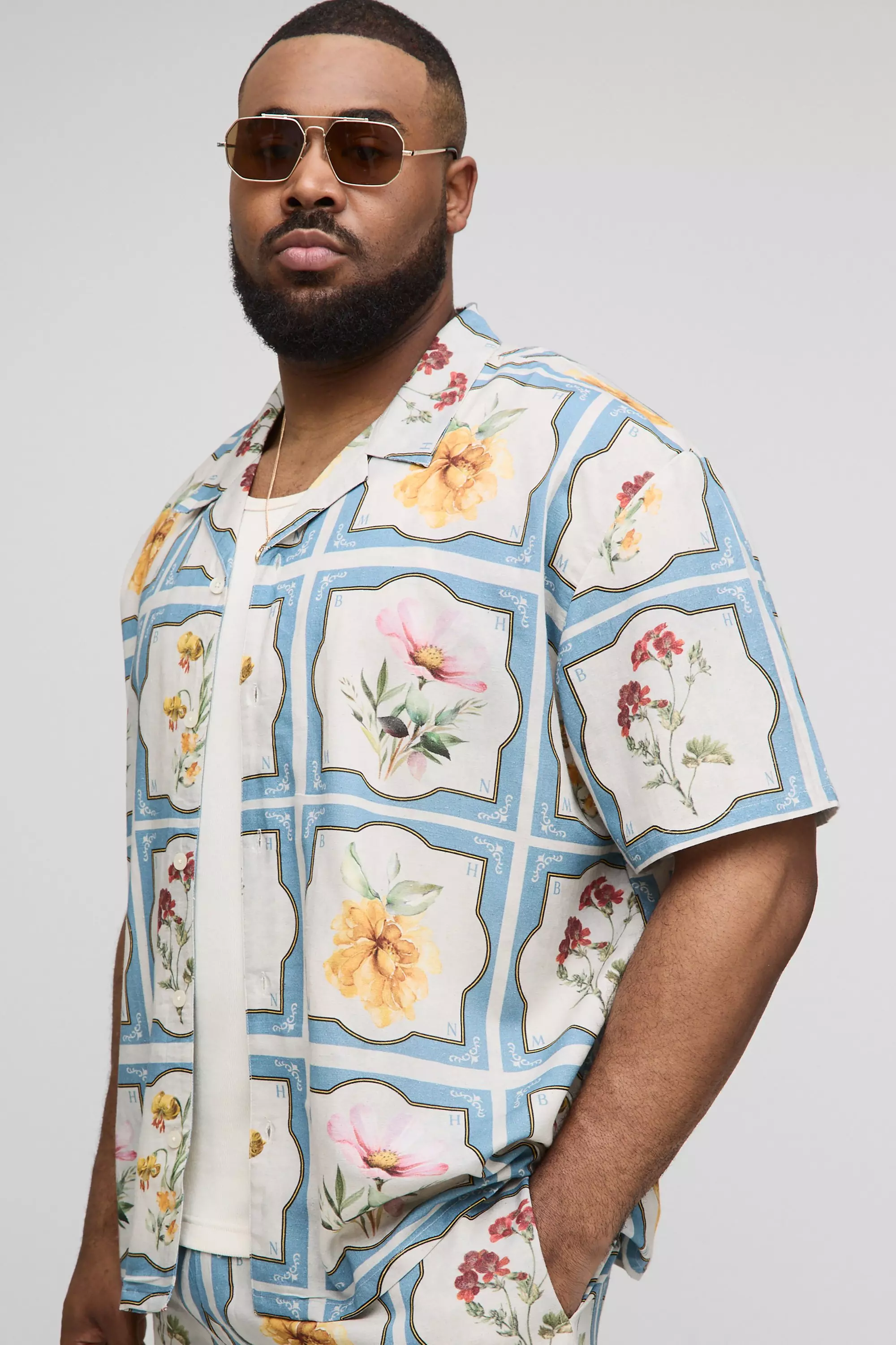 Plus Oversized Floral Linen Blend Shirt & Short Set | boohooMAN USA