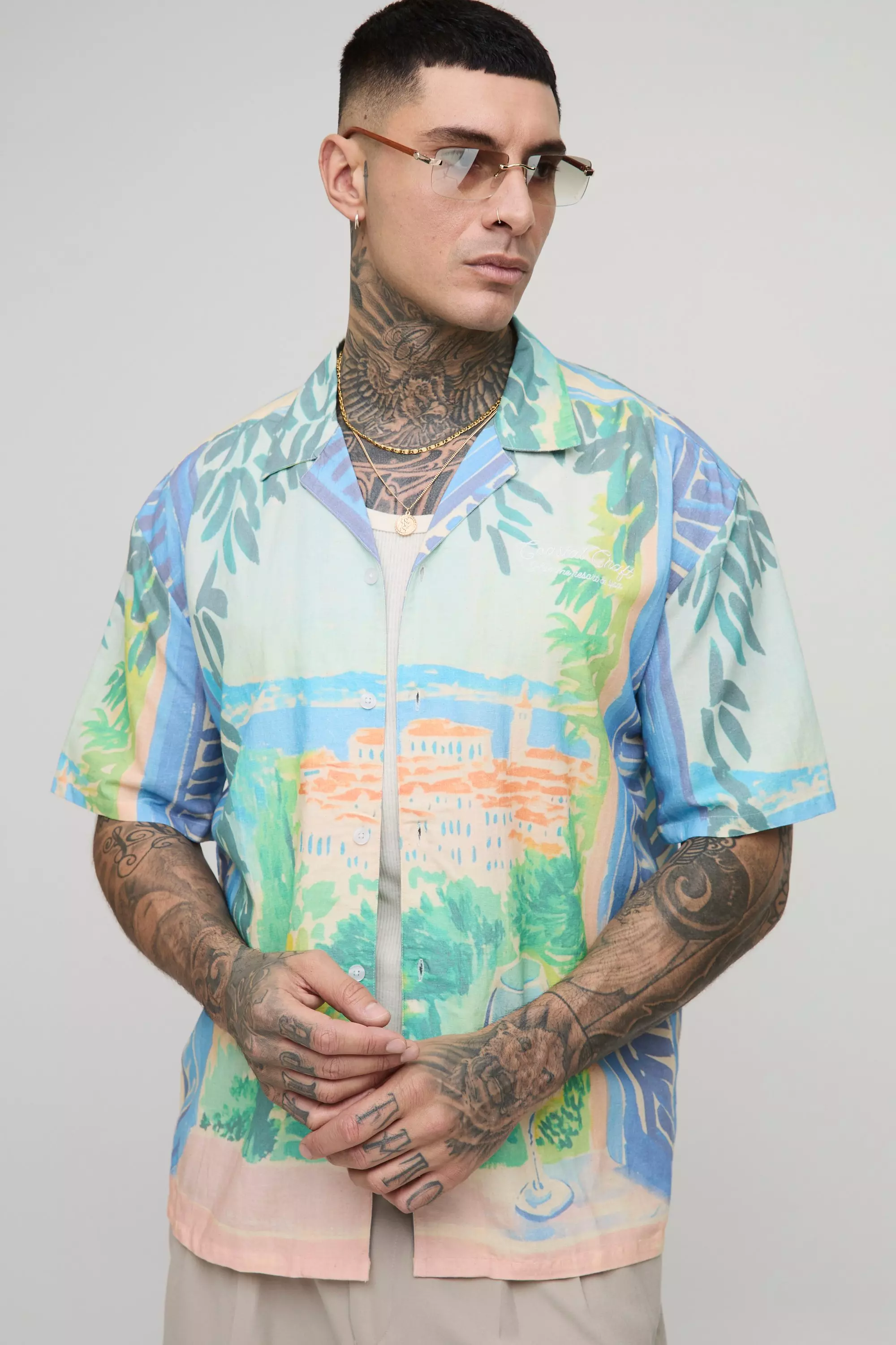 Tall Oversized Scenic Graphic Linen Blend Shirt Blue