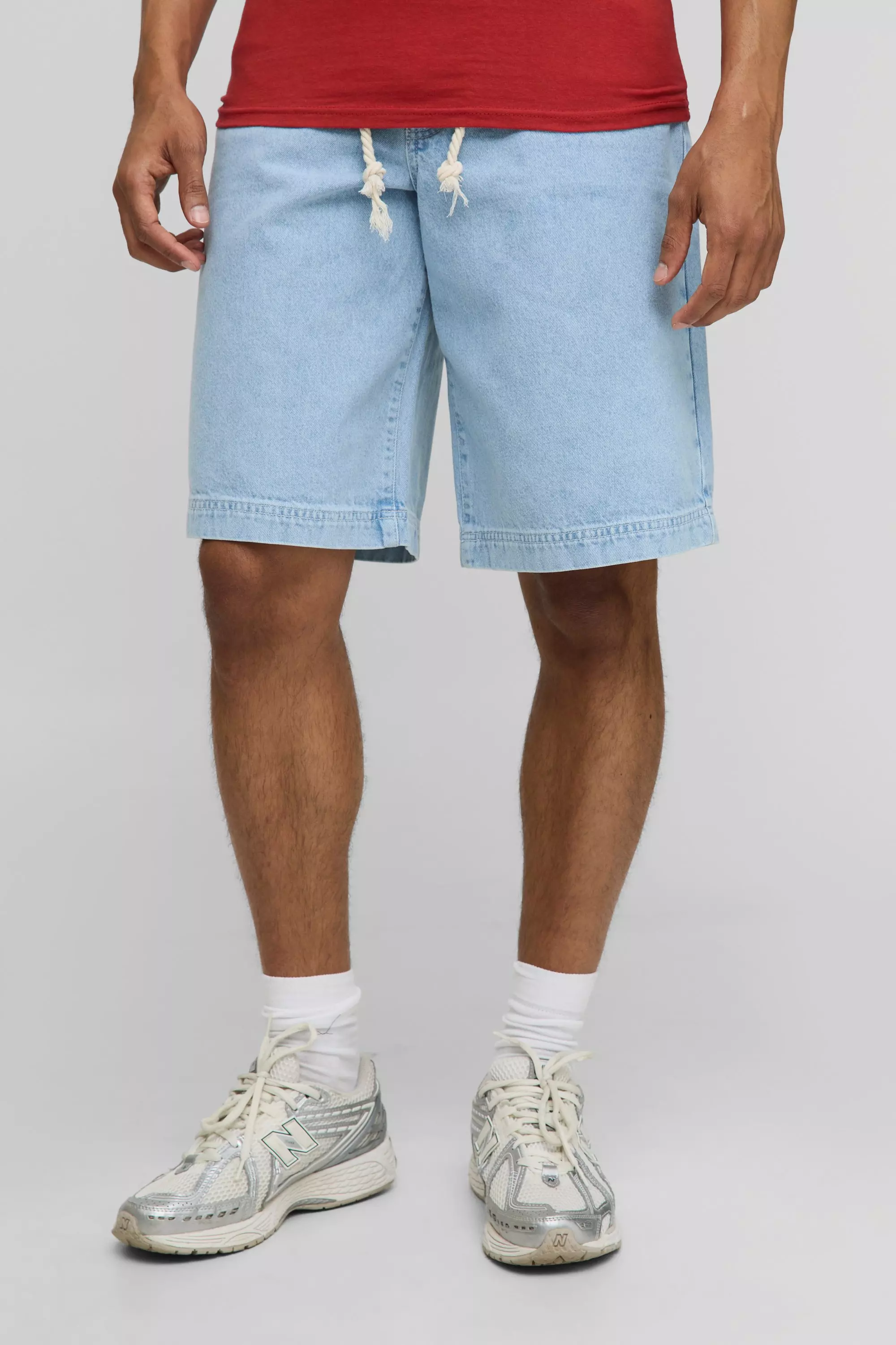 Regular Fit Rope Belted Light Blue Jorts Light blue