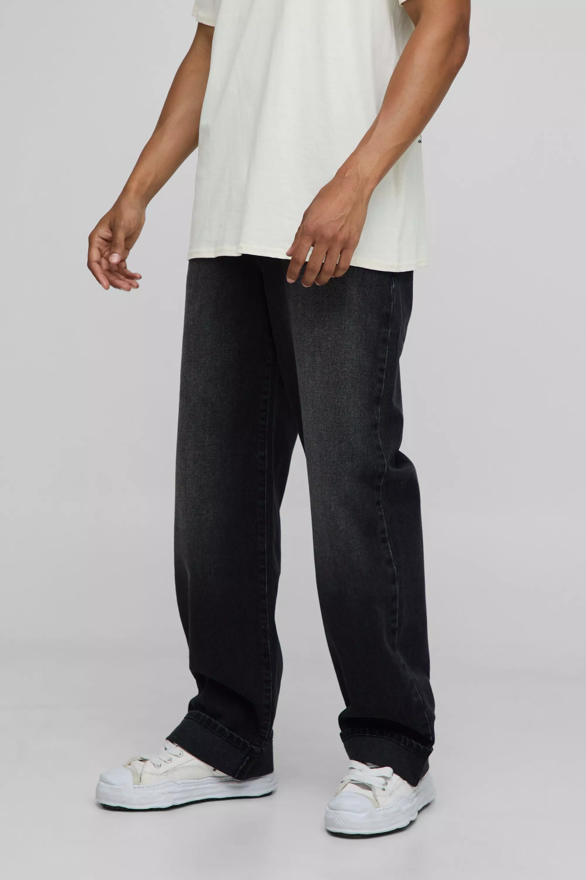 Grey Relaxed Fit Washed Turn Up Hem Jeans