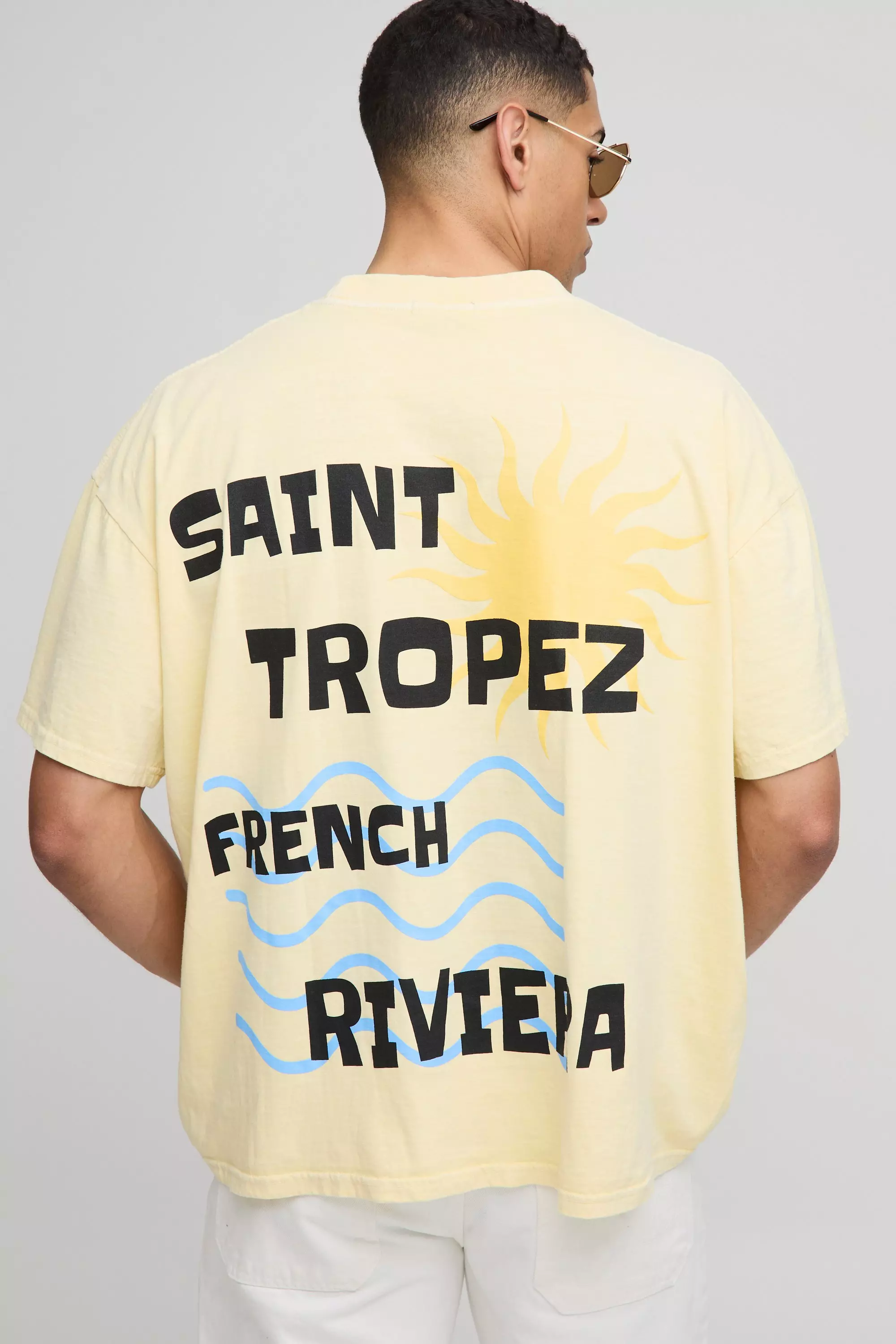 Tシャツ・カットソー [RUSTIC REVERIE] Lemon Stardust Oversized T shirts [White] Oversized Extended Neck Washed Saint Tropez Graphic T-Shirt