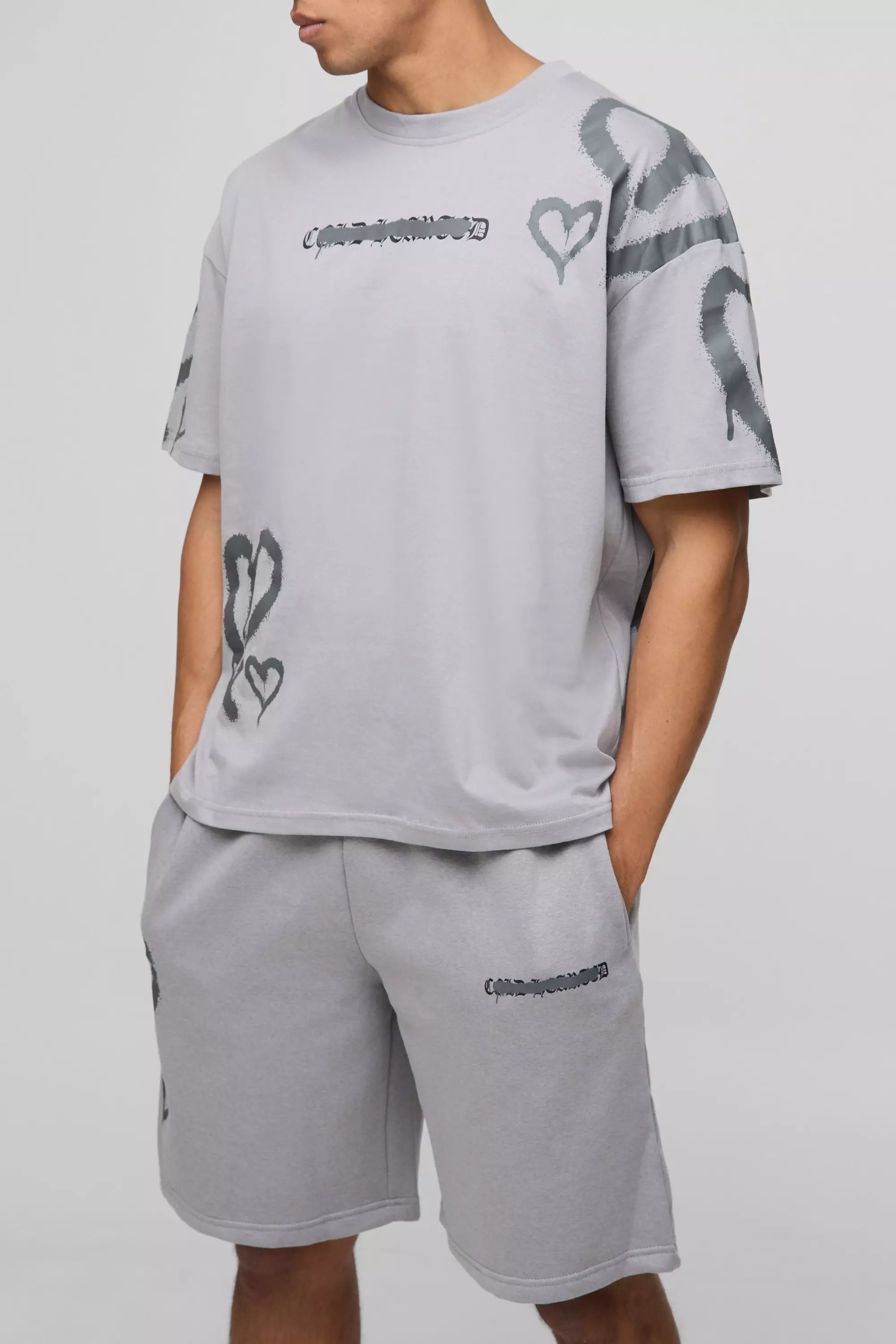 Oversized Boxy All Over Heart Printed T-Shirt And Short Set slate grey