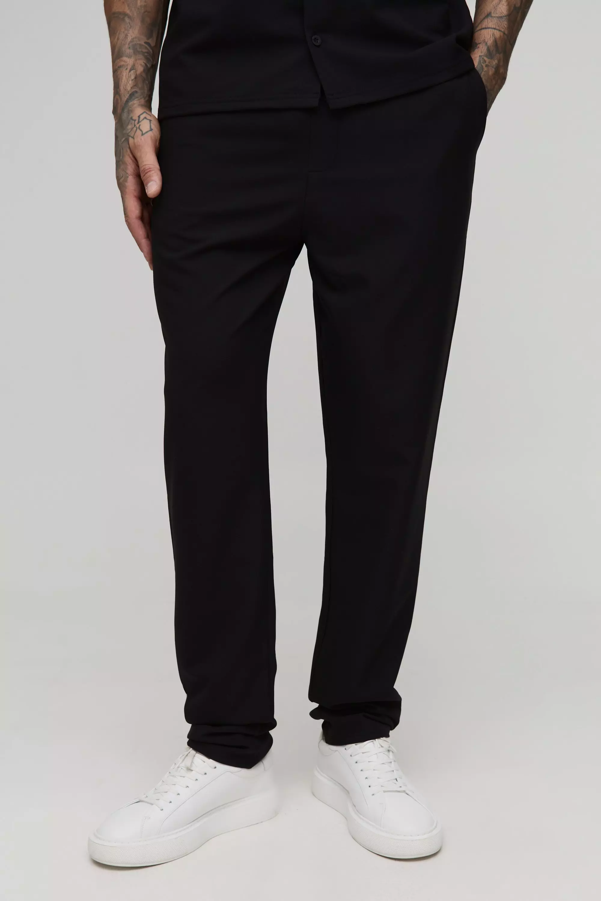 Black Tall Elasticated Waist Technical Stretch Slim Trousers