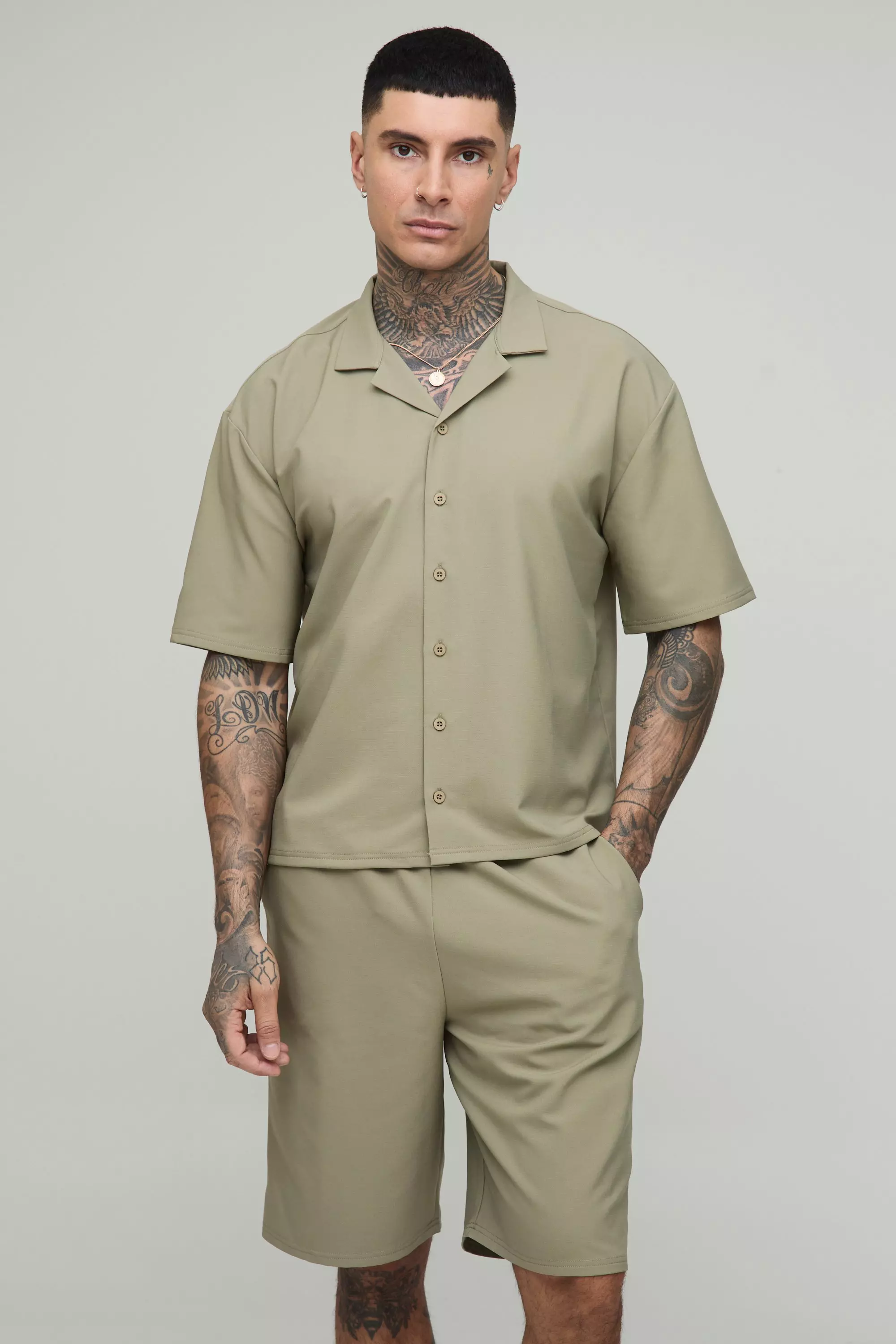 Tall Oversized Boxy Technical Stretch Revere Shirt & Comfort Short Set Taupe