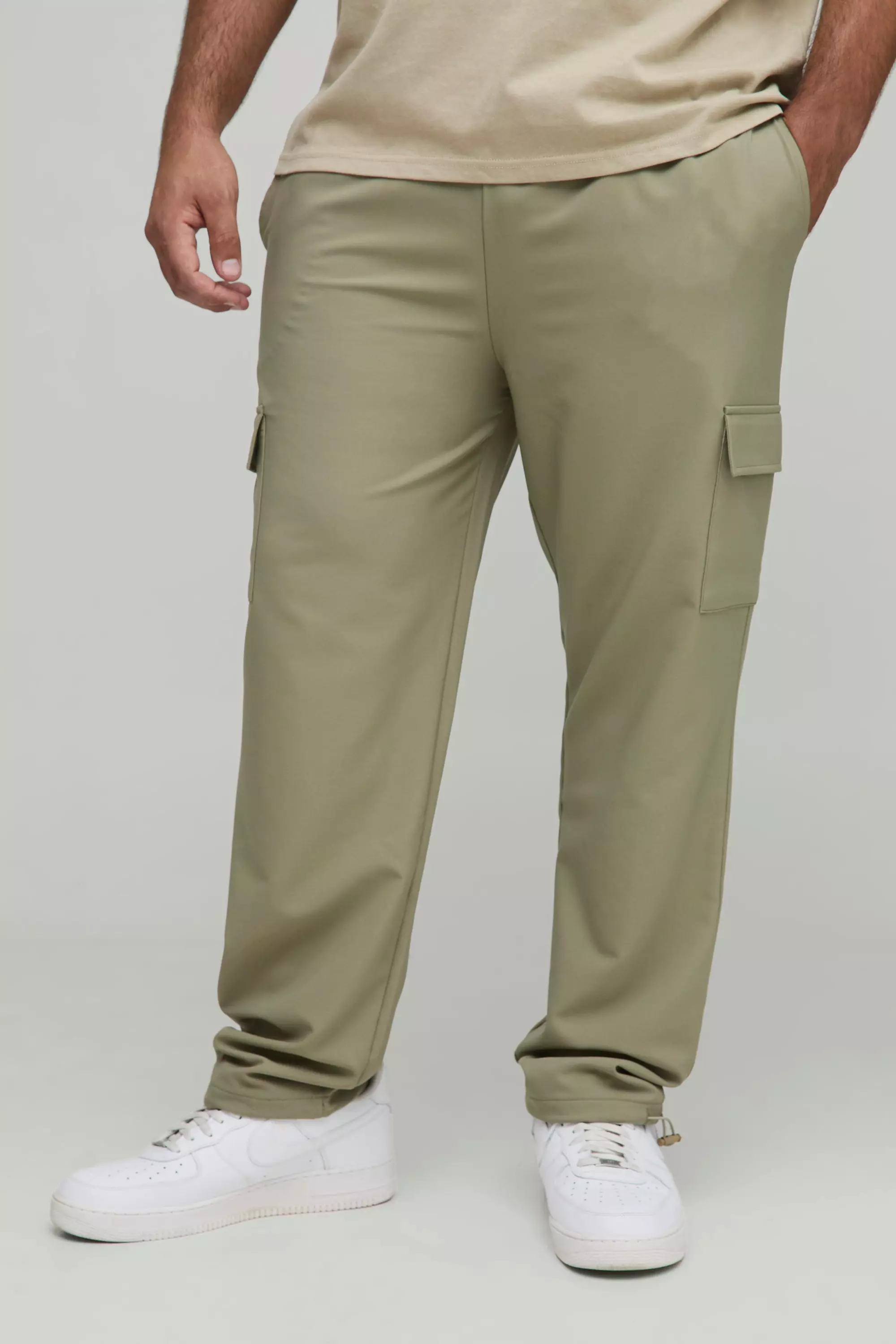 Taupe Beige Plus Elasticated Waist Technical Stretch Skinny Cargo Trousers