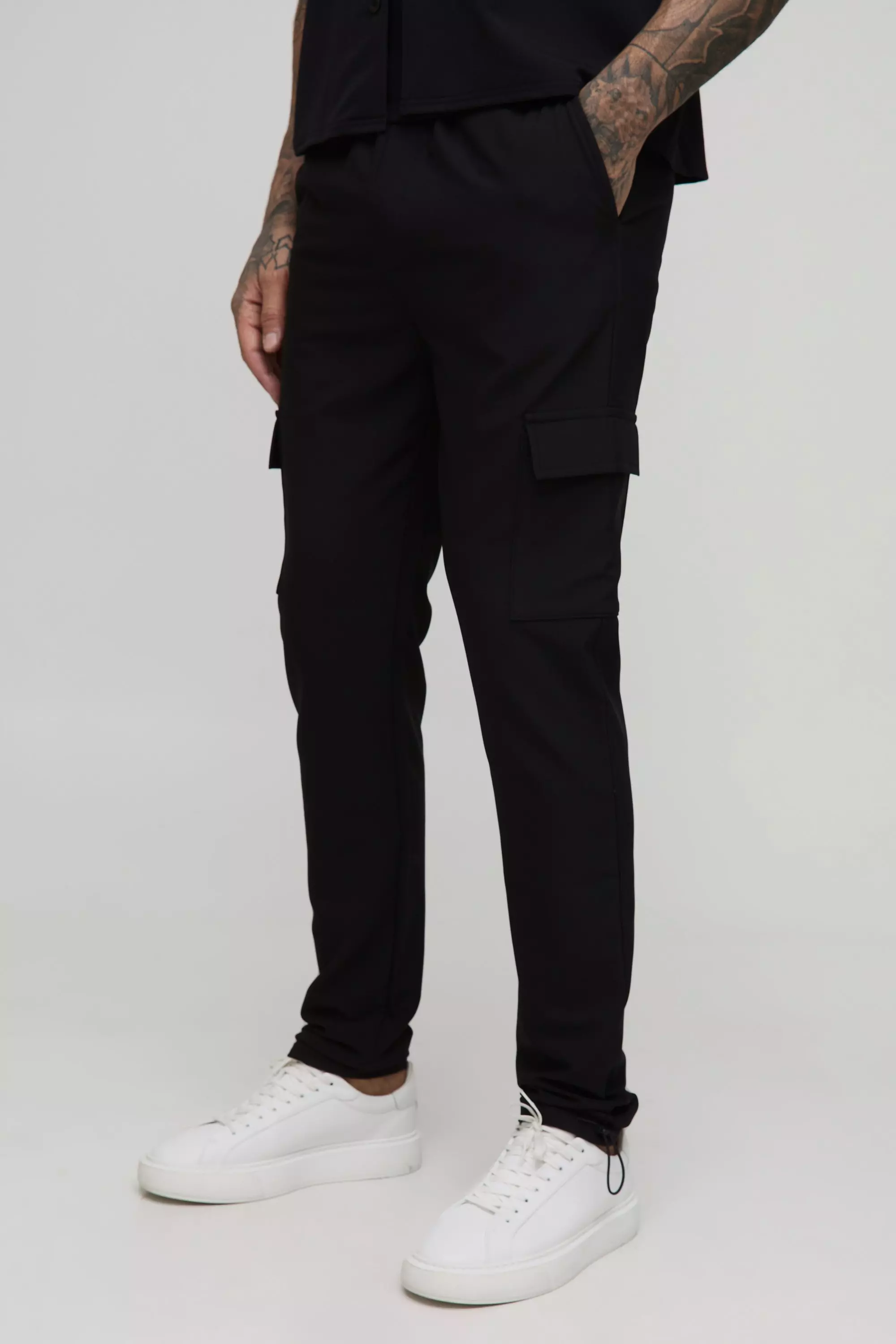 Tall Elasticated Waist Technical Stretch Skinny Cargo Trousers Black