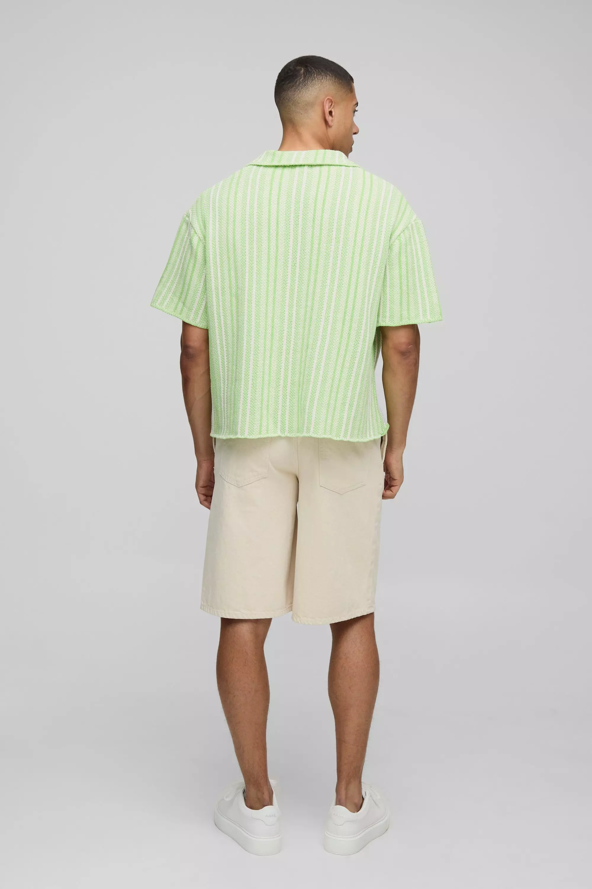 Oversized Boxy V Neck Textured Stripe Knitted Polo | boohooMAN USA