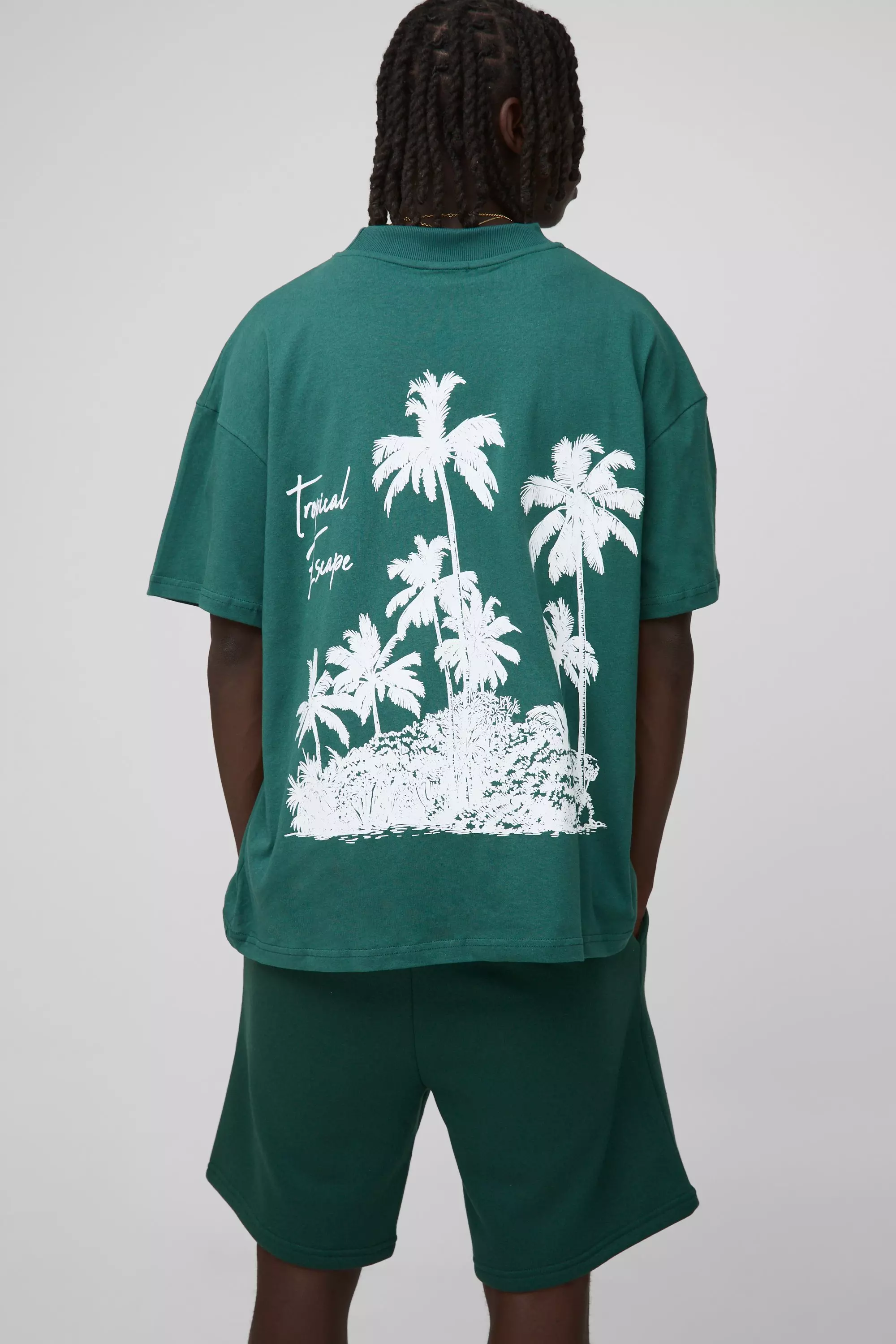 Oversized Palm Print Overdye Wash T-Shirt And Short Set Green