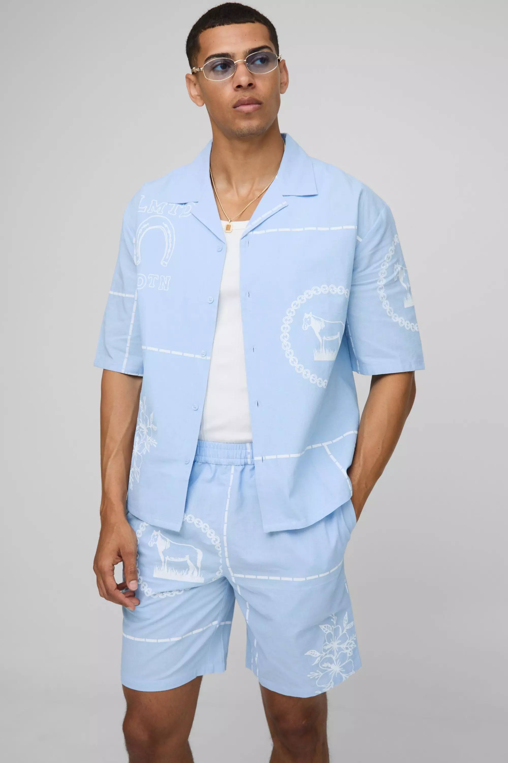 Oversized Western Print Revere Shirt and Shorts Set Light blue